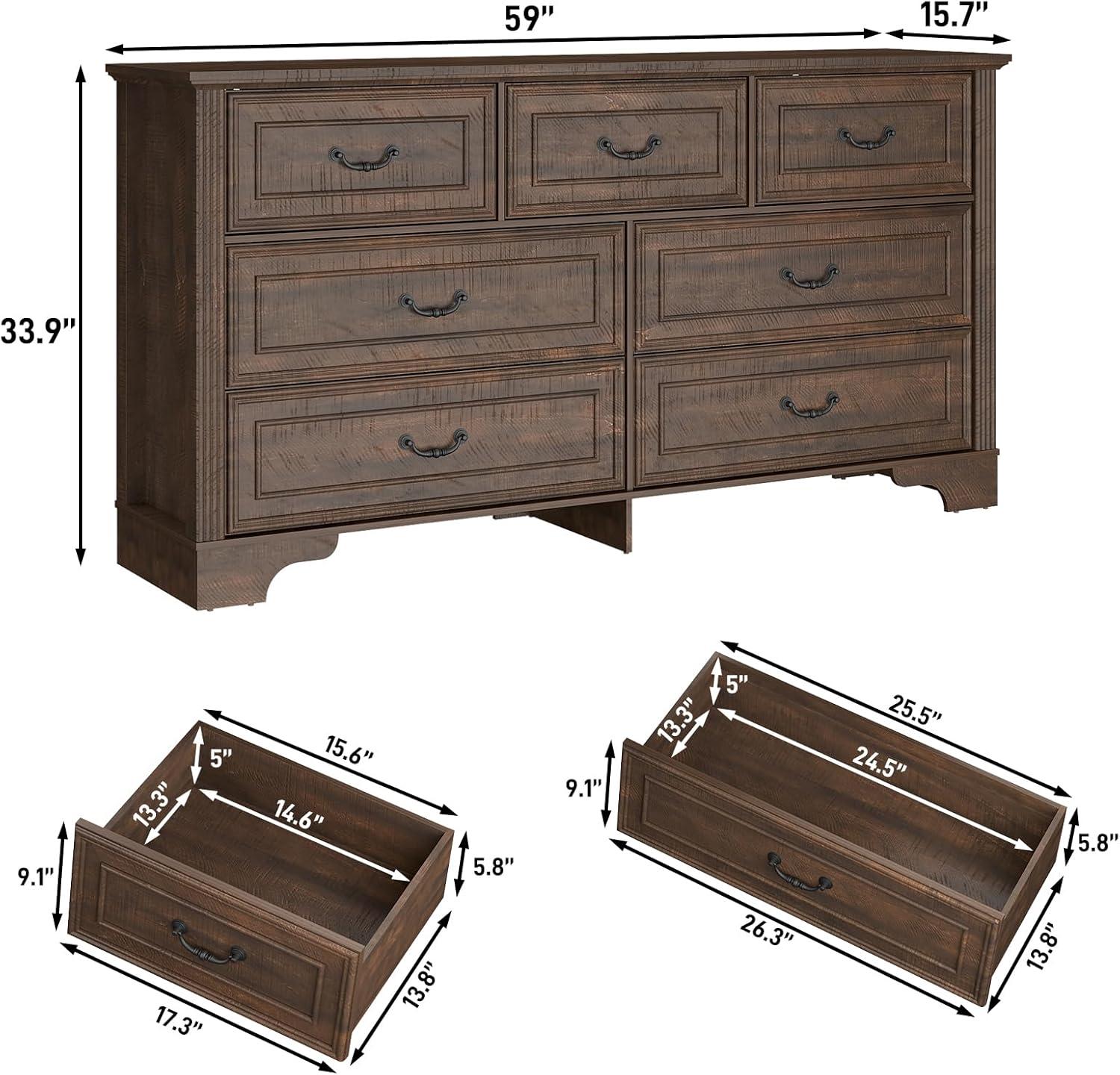 Charlton Home® 59" Farmhouse Dresser With 7 Spacious Drawers – Rustic Wooden Storage Cabinet For Bedroom, Living Room, Or Entryway