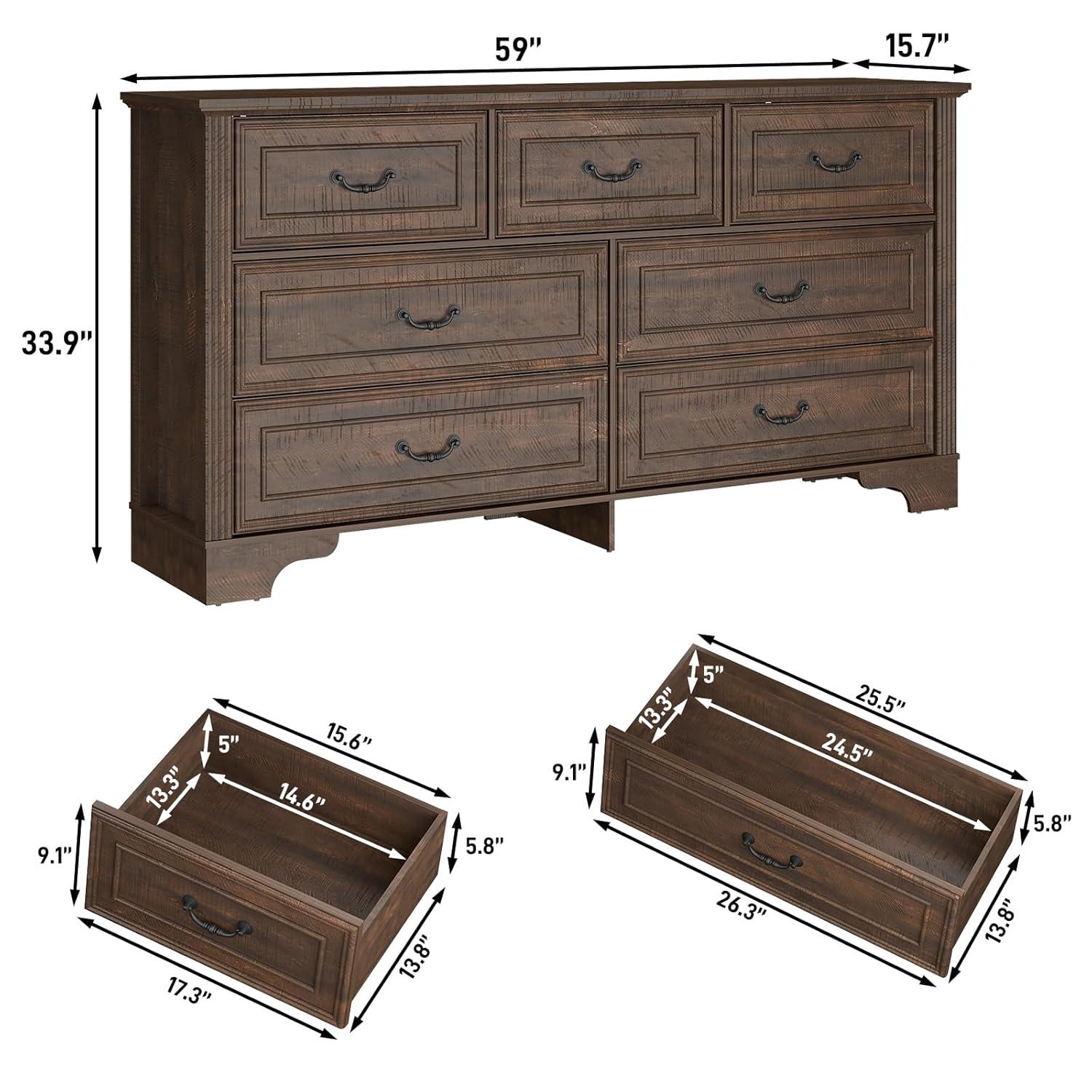 Charlton Home® 59" Farmhouse Dresser With 7 Spacious Drawers – Rustic Wooden Storage Cabinet For Bedroom, Living Room, Or Entryway
