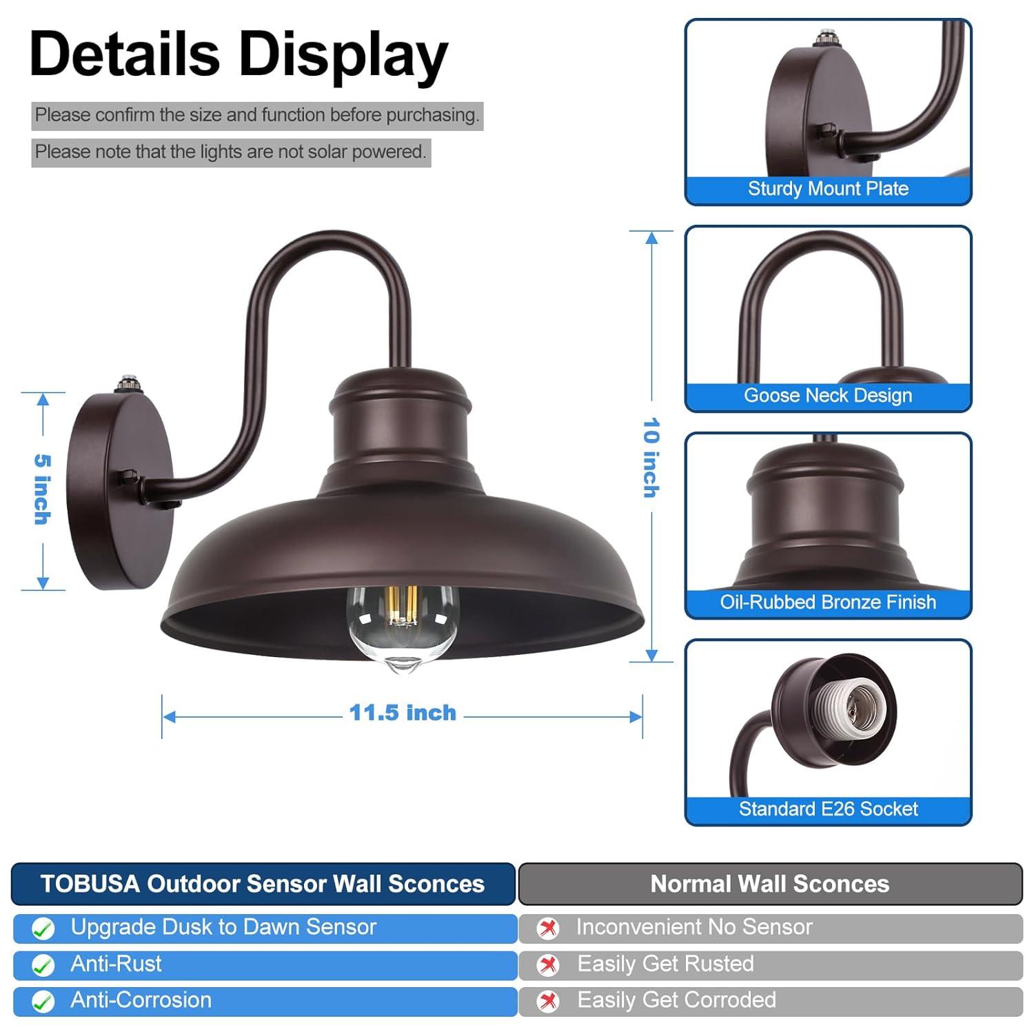 VIANIS Dusk to Dawn Barn Lights, 2 Pack Brown Gooseneck Outdoor Light Fixture, Farmhouse Outdoor Wall Lights for House, Porch, Entryway, Garage