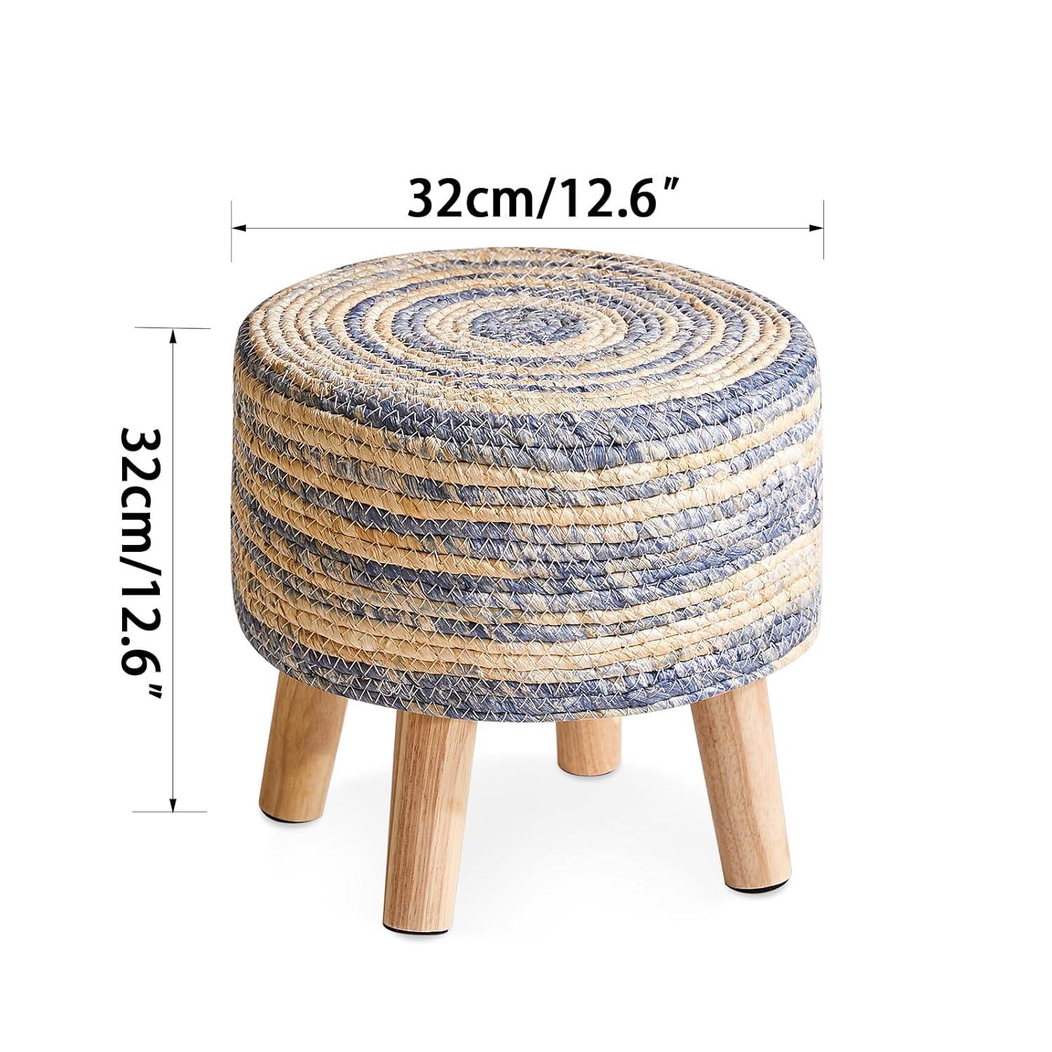 YMYNY Foot Stool Natural Seagrass Hand Weave, 12.6" Small Ottoman, Round Footrest for Living Room, Bedroom, Entryway, Change Shoes Stool, Non-Skid Wood Legs, Boho, Blue+White UHBD027QW