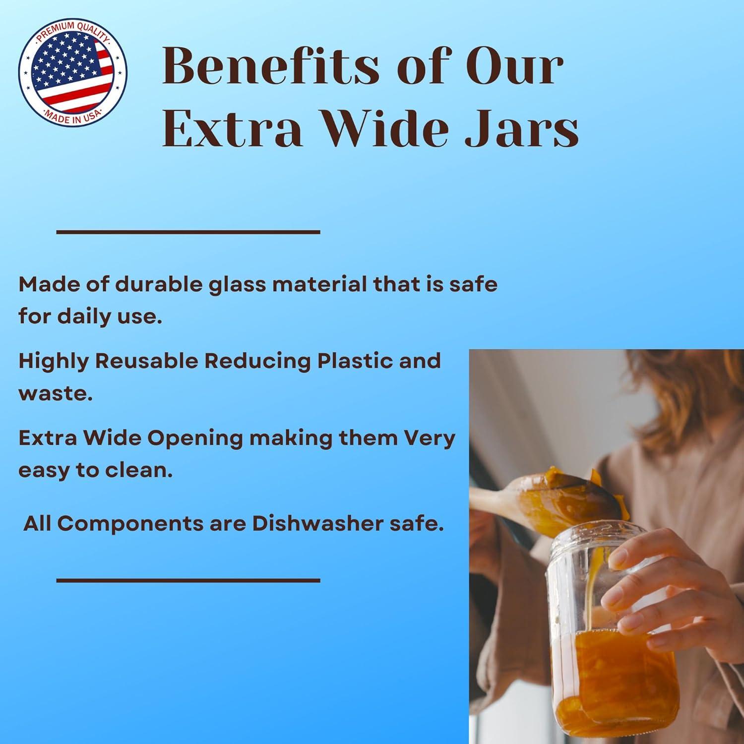 Jarming Collections 16oz Wide Mouth Glass Storage Jars – Extra-Wide Opening with BPA-Free Plastic Lids for Easy Filling, Food Storage, Pantry Organization & Canning Storage – Made in USA  (Set of 2)