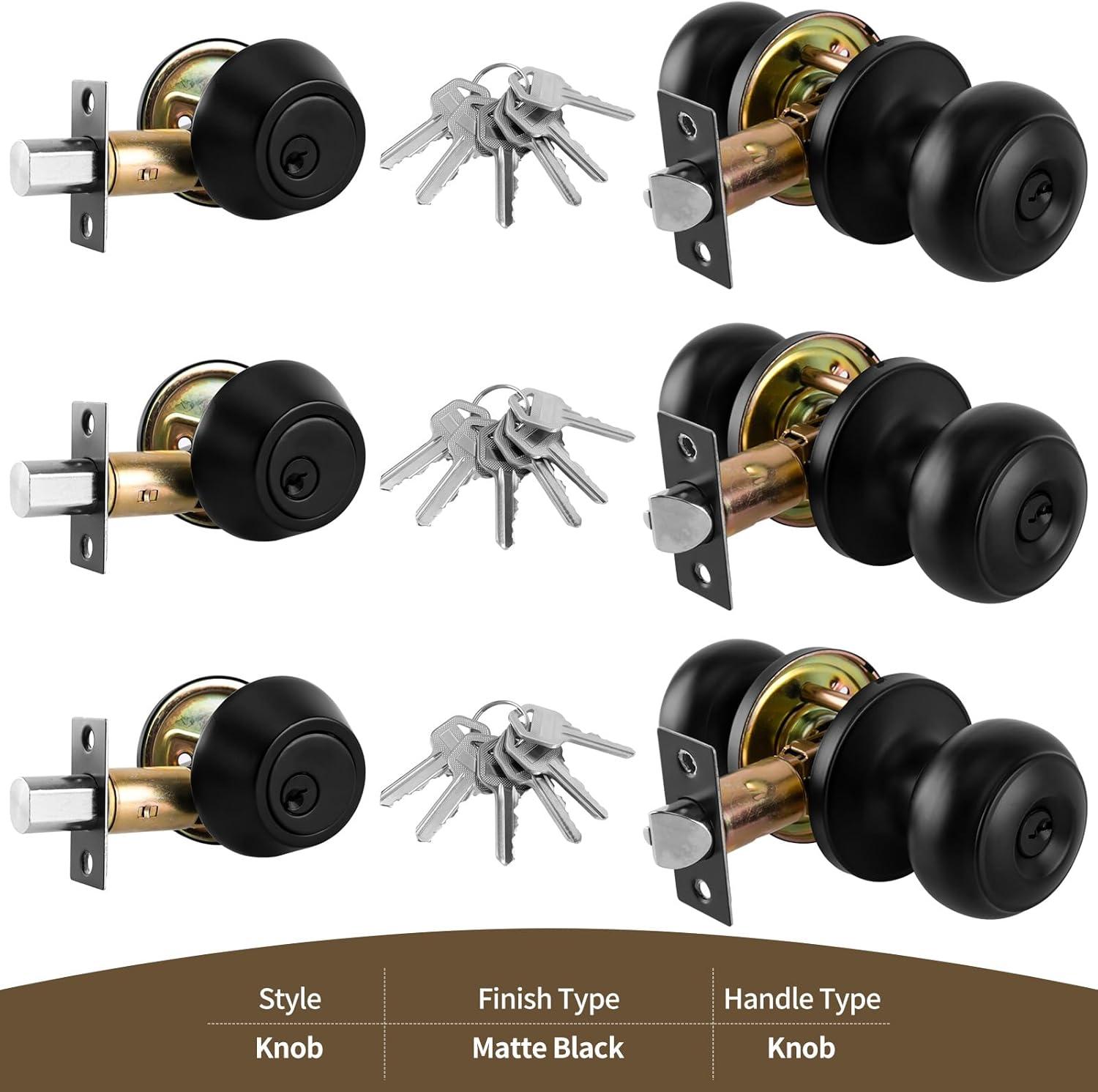 3 Pack Keyed Alike Entry Door Knobs and Single Cylinder Deadbolt Lock Combo Set Security for Entrance and Front Door with Classic Matte Black Finish