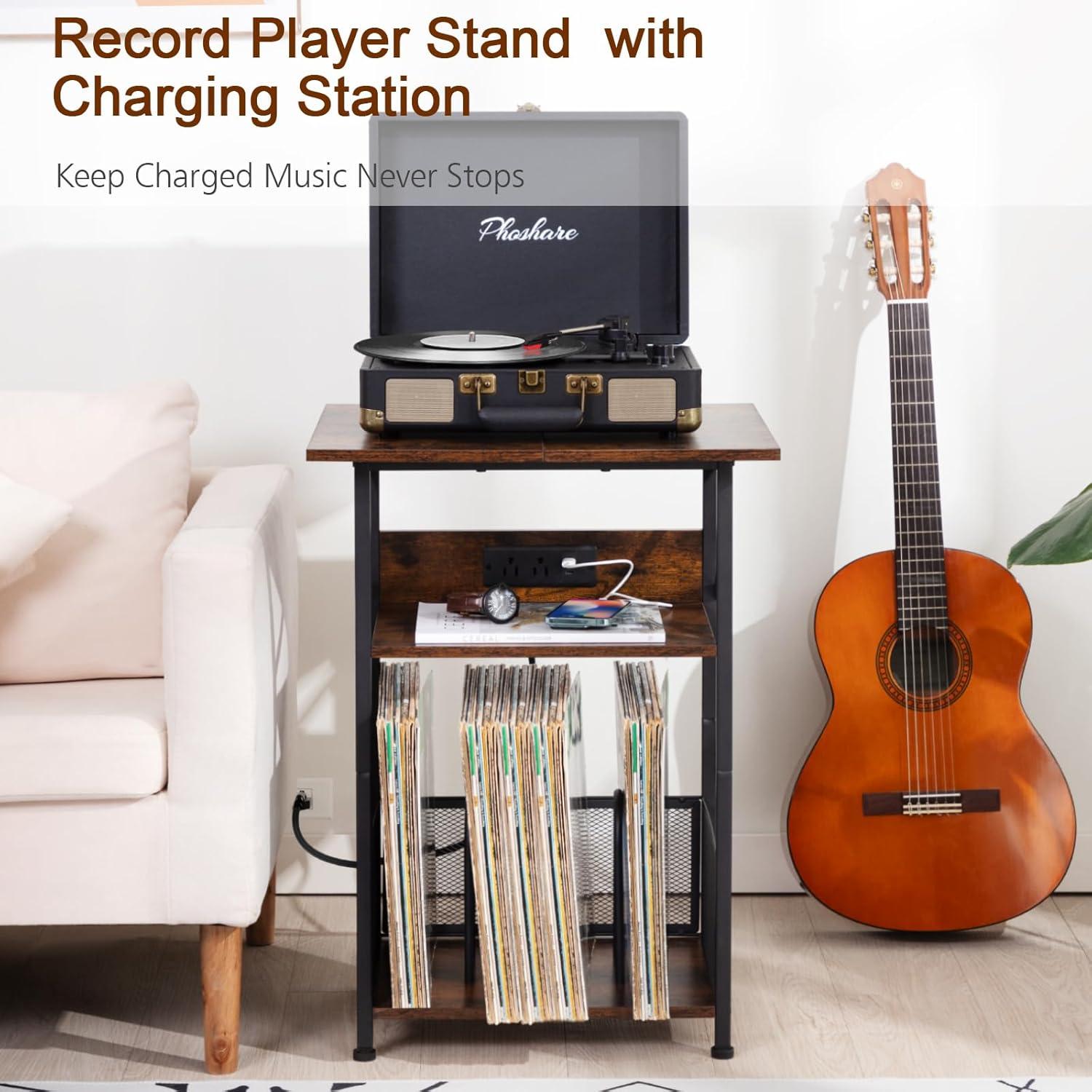 Record Player Stand with Charging Station, Turntable Stand with Storage Cabinet, 3 Tier End Table Hold Up to 100 Albums, Record Stand for Vinyl, Living Room, Rustic Brown