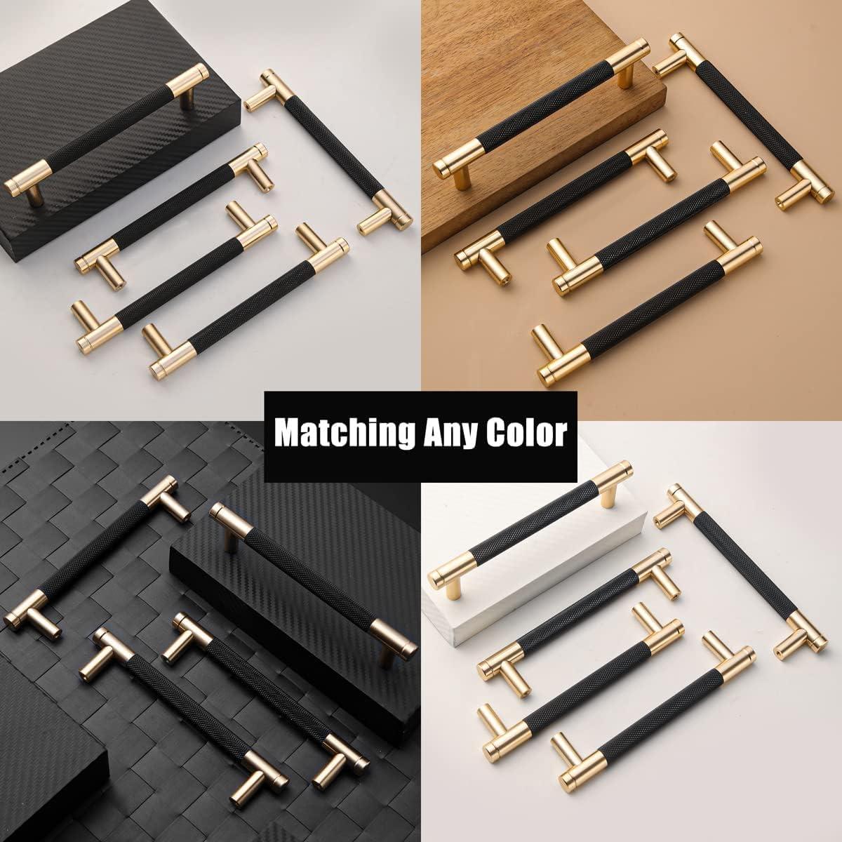 2 Pack 5 Inch 128 mm Knurled Cabinet Handles Cabinet Pulls Aluminum Handles Knurled Drawer Pulls Gold and Black Oxidation Finish with Diamond Pattern 6" Length (5" Hole Center)