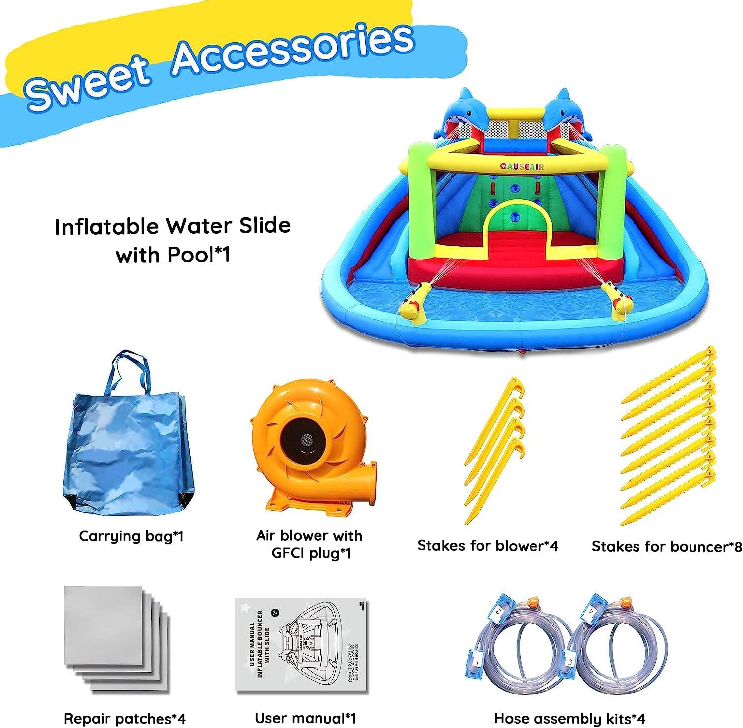 Inflatable Water Slide with Bounce House,Dolphin Styling,Splashing Pool,Double Water Cannon,Climbing Wall,Heavy Duty GFCI Blower,Inflatable Water Park Slide for Kids Backyard Summer