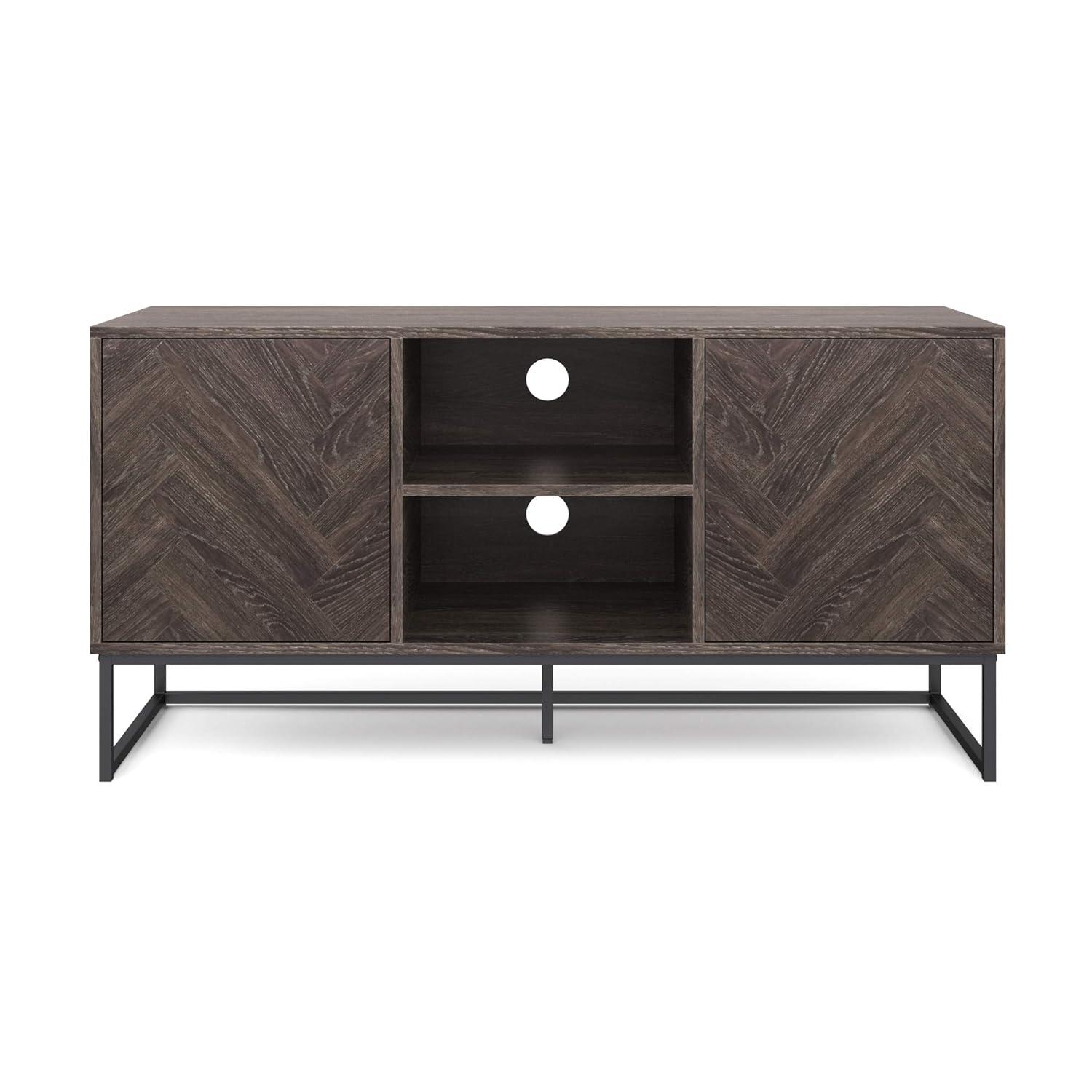 Nathan James Dylan Media Console Cabinet TV Stand with Hidden Storage Herringbone Pattern Wood Metal, Gray/Black