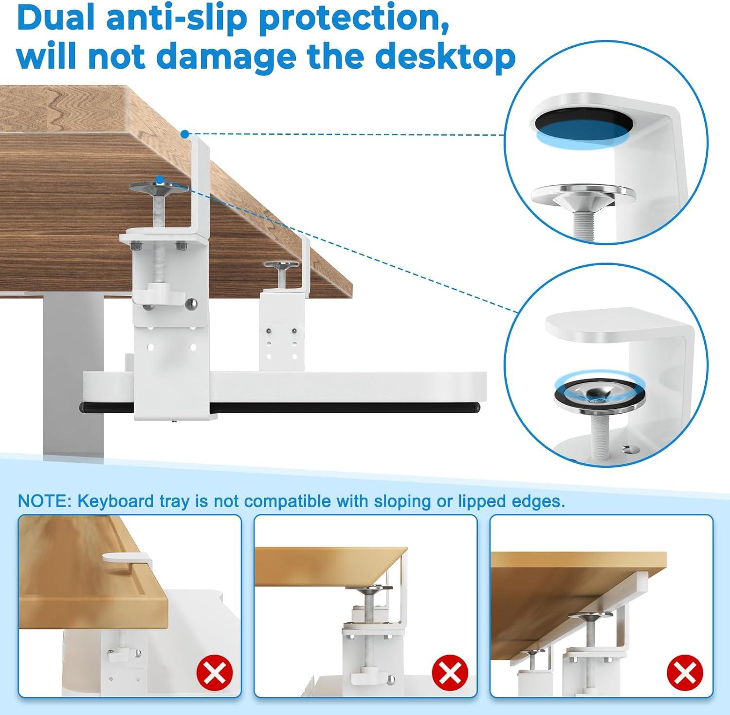 VIVO White Clamp-on Height Adjustable Keyboard and Mouse Under Desk Slider Tray