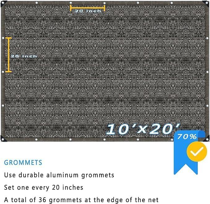 70% Black Shade Cloth with Grommets, 10 x 20 FT Garden Sunblock Mesh Tarp, UV Resistant Sun Shade Net for Plants Cover, Greenhouse, Pergola, Kennel, Chicken Coop and Patio