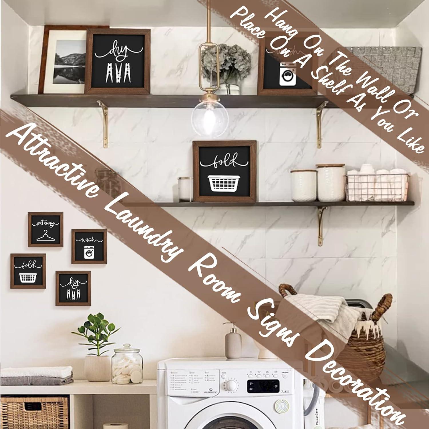 Bucherry Laundry Sign Set of HYZ01 4 Rustic Wood Wash Dry Fold Put Away Laundry Signs Wall Decor Wall Hanging Art Decor Wood Signs for Laundry Room Vintage Farmhouse Decorations for Home Supplies