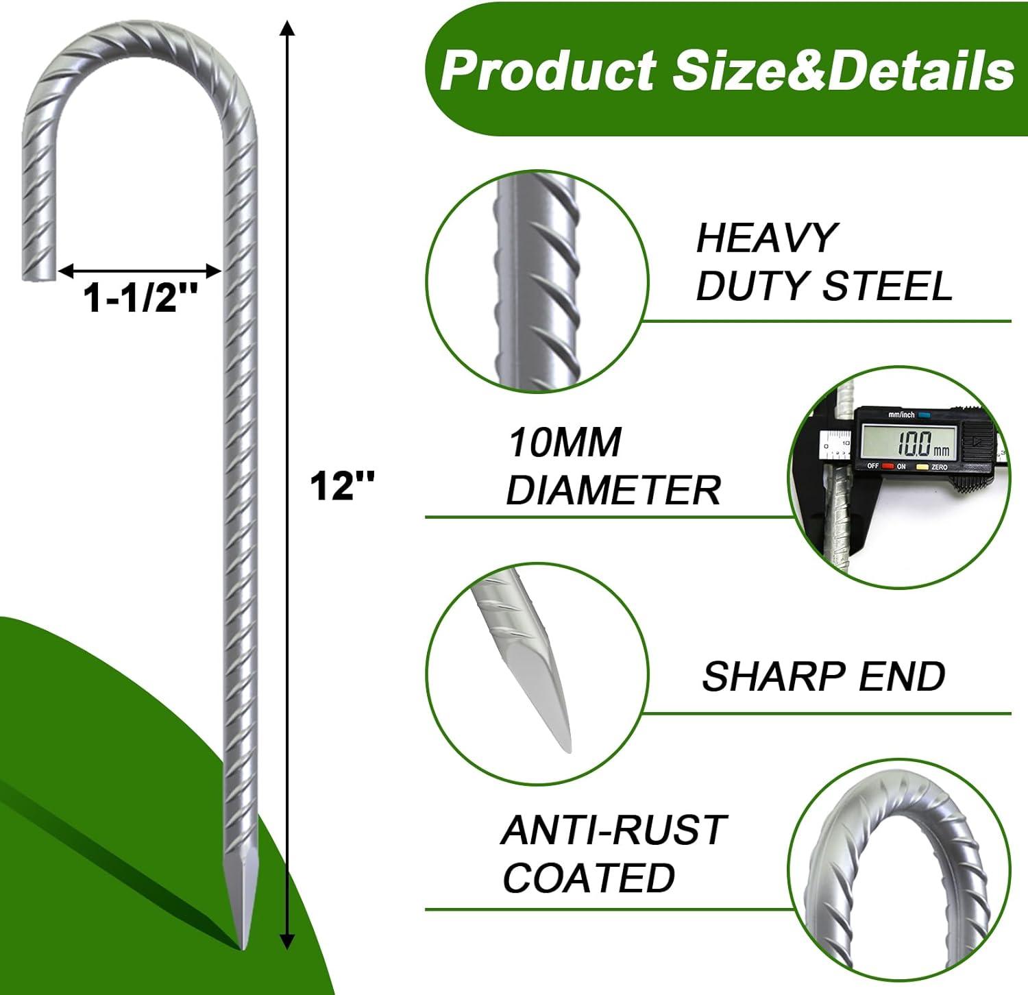 AAGUT 12 Inch Galvanized Rebar Tent Stakes 3/8" J Hook 8 Pack, Chain Link Fence Stakes Canopy Yard Landscape Garden Staples, Heavy Duty Metal Steel Ground Anchors