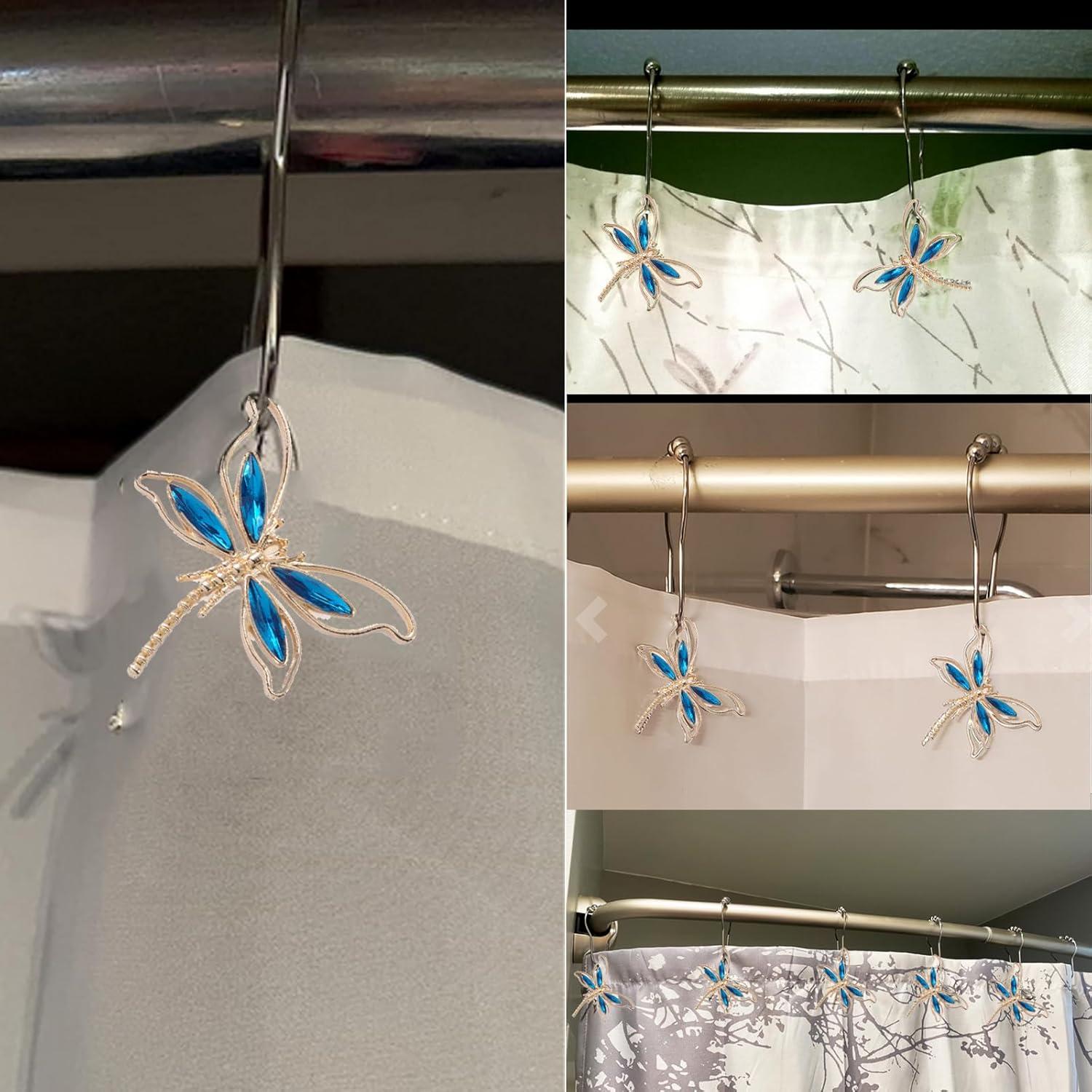 12PCS Shower Curtain Hooks,DIY Dragonfly Pendant Decorative Shower Curtain Rings,Anti-Rust Metal Shower Hooks, Cute Decor for Bathroom, Baby Room, Bedroom, Living Room