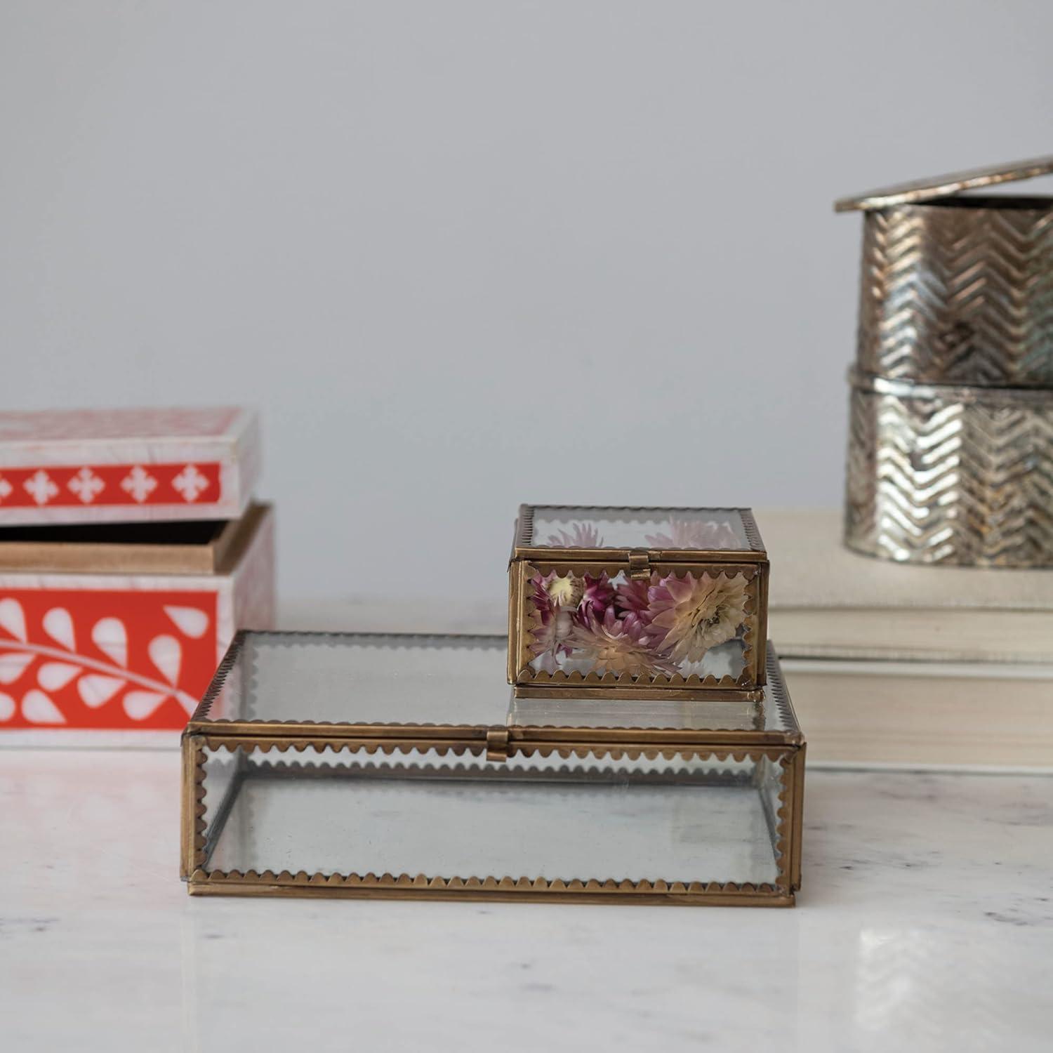 Creative Co-Op Long Brass and Glass Display Box with Scalloped Edges and Antique Finish, Brass Color