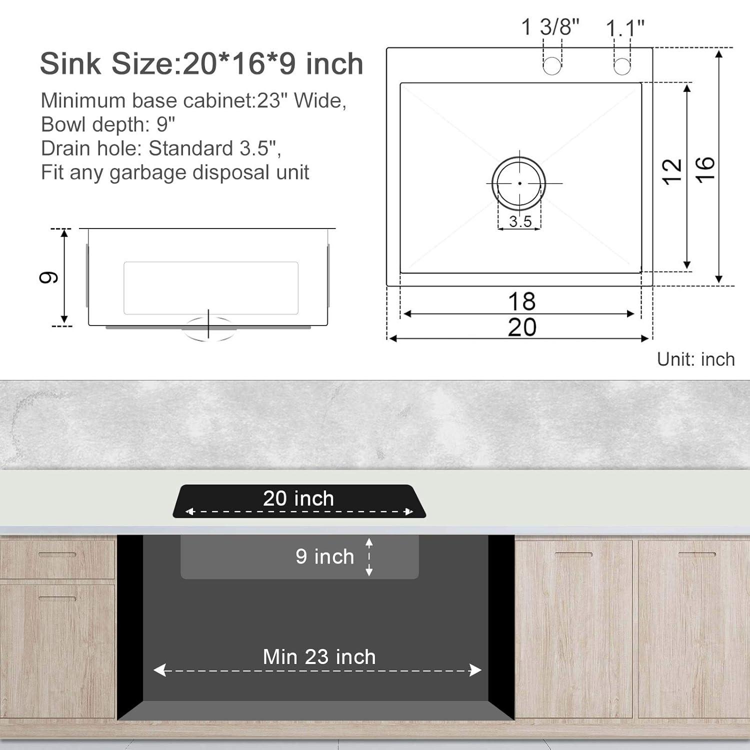 MENATT 20-inch Top-Mount Handmade Kitchen Sink, SUS304 Stainless Steel Drop in Kitchen Single Bowl Sink with Basket Strainer (Black), 20"x16"x9"