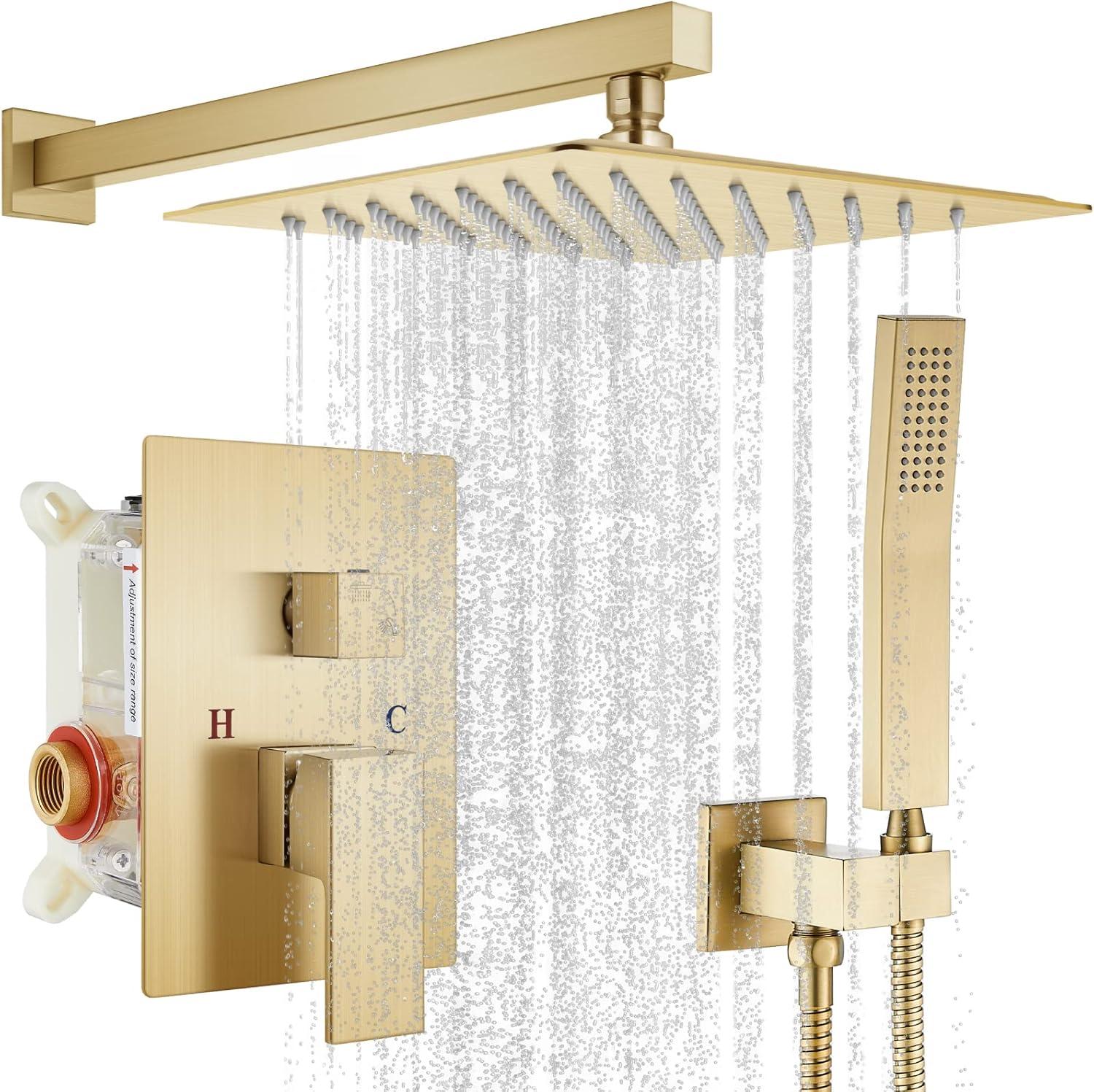 Shower system, 12" (approx. 30.5 cm) rain shower head and handheld spray bathroom shower unit with brass valve and wall trim kit Gold