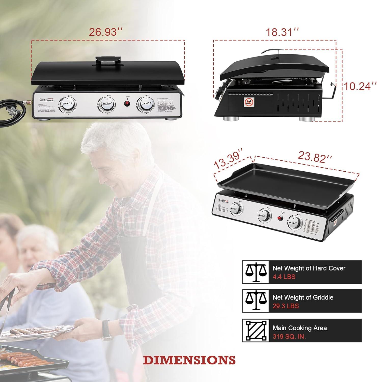 Royal Gourmet 3-Burner Portable Gas Grill Griddle with Top Hard Cover