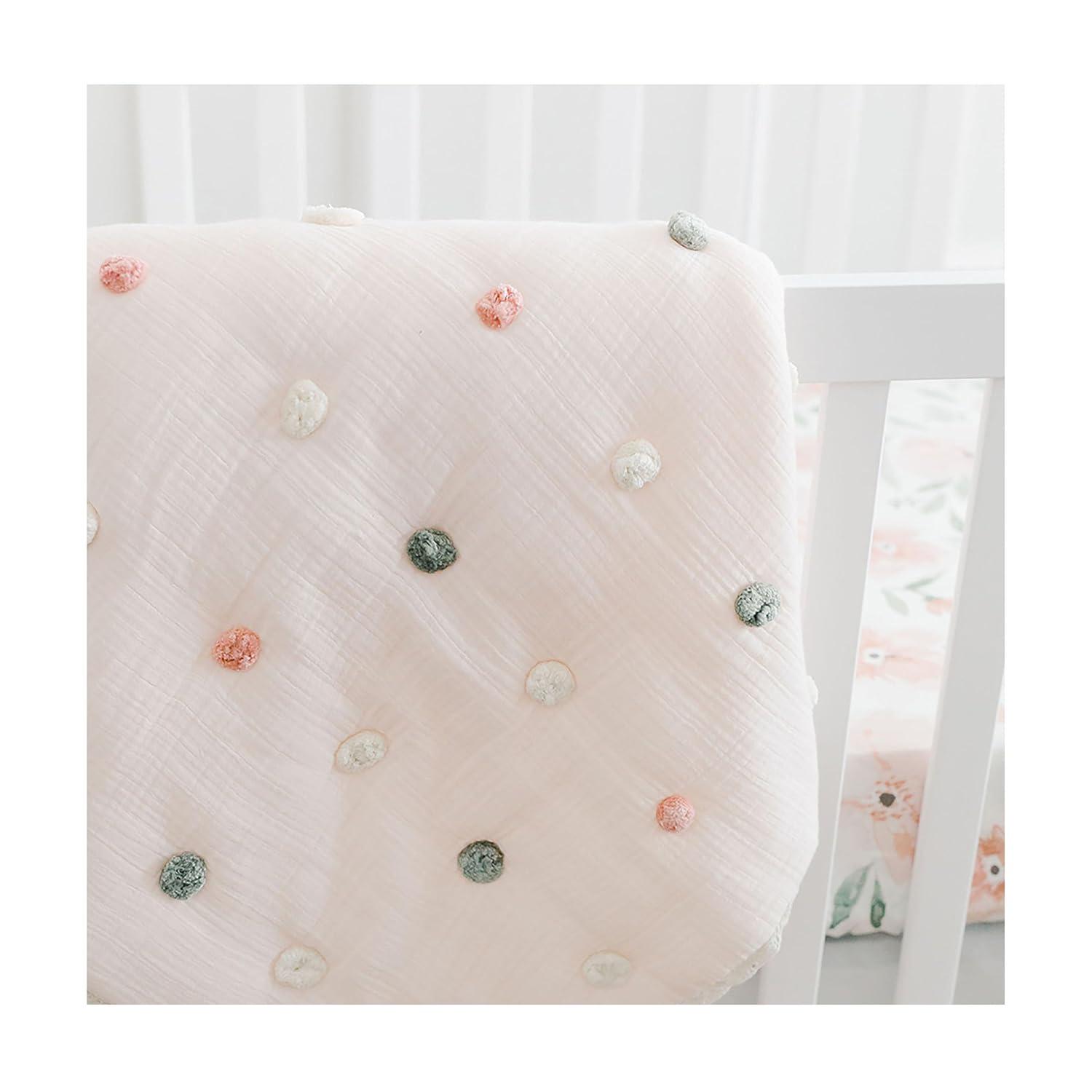 Parker Rose Light Pink Cotton Muslin Baby Blanket with Pom Poms