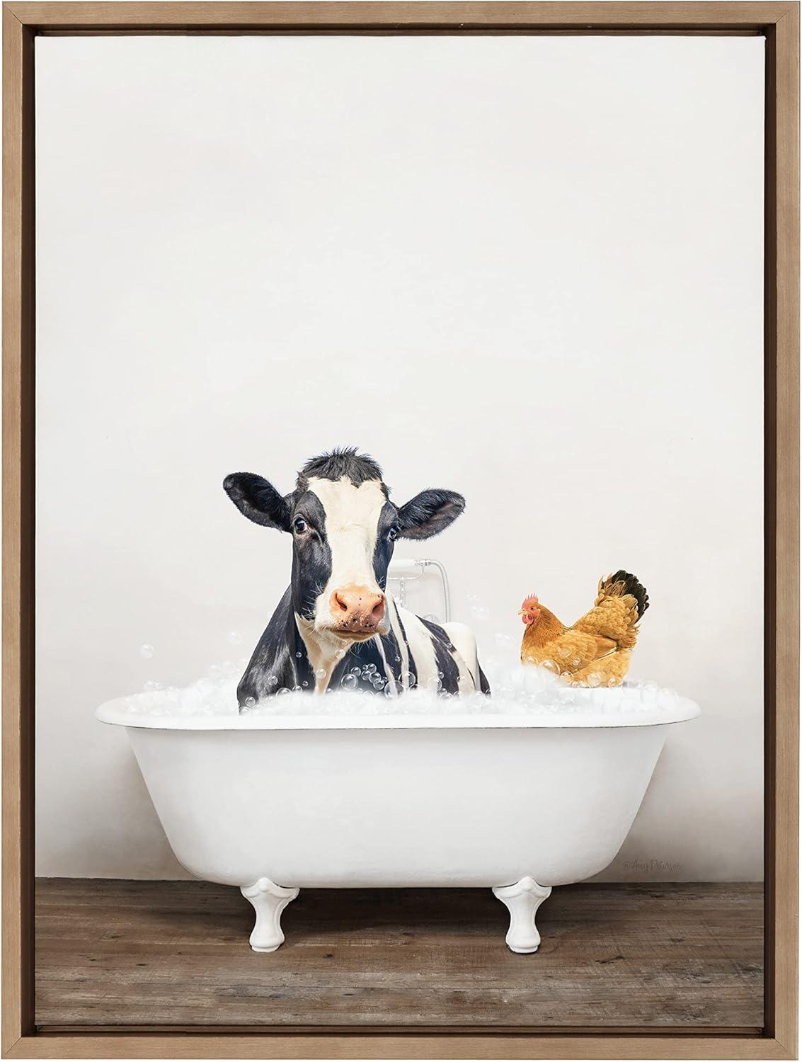 Kate & Laurel All Things Decor 18"x24" Sylvie Cow and Chicken in Rustic Bath Frame Canvas by Amy Peterson: Whimsical Wall Art