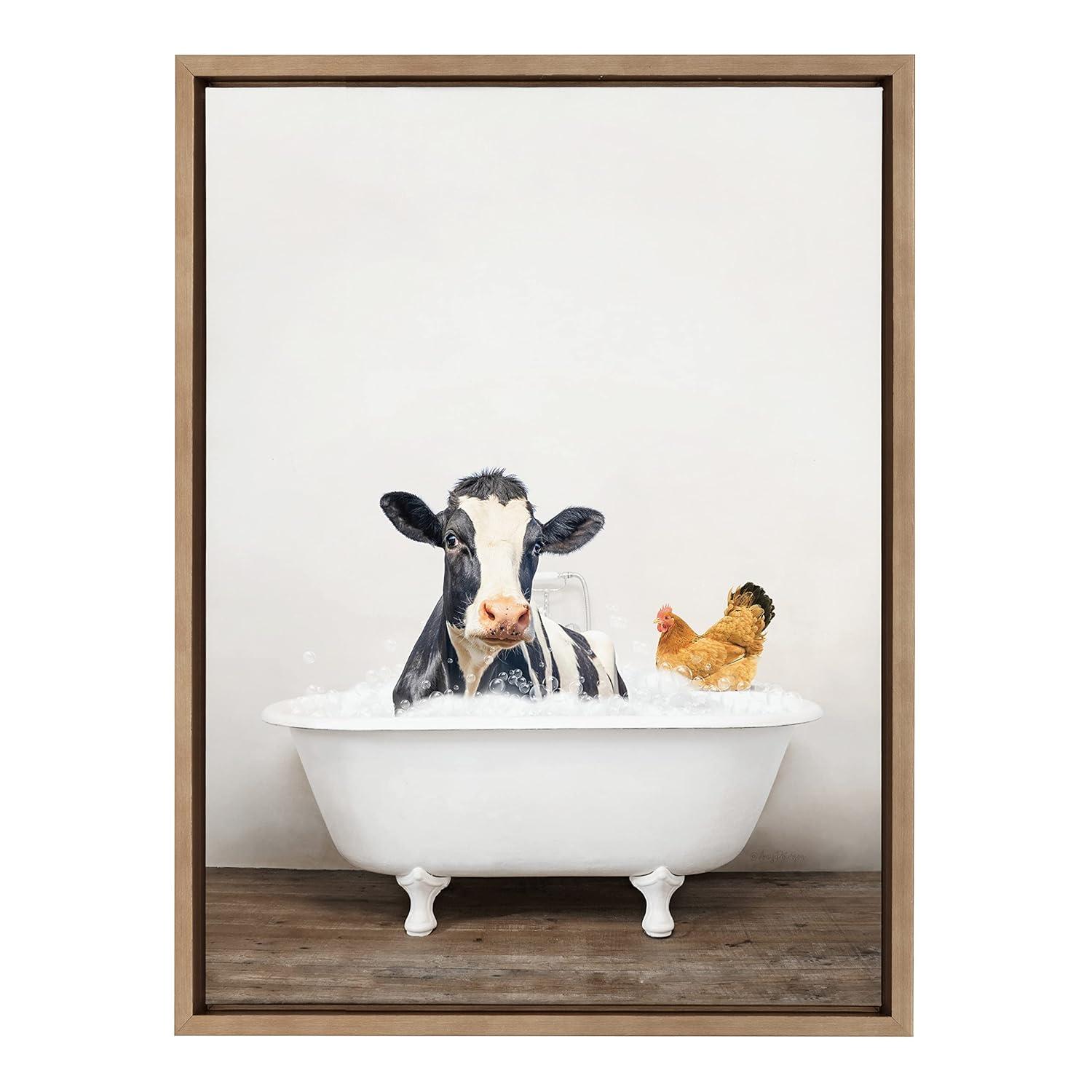 Kate & Laurel All Things Decor 18"x24" Sylvie Cow and Chicken in Rustic Bath Frame Canvas by Amy Peterson: Whimsical Wall Art