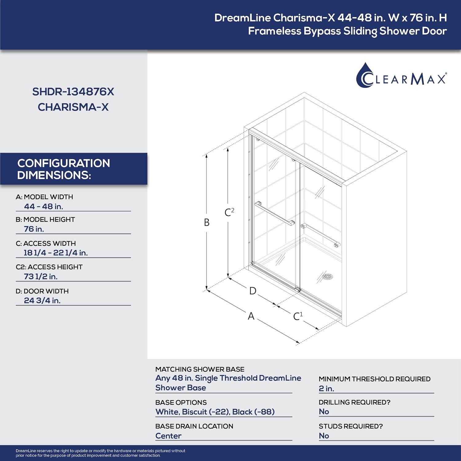 Charisma-X 44" W x 76'' H Bypass Semi-Frameless Shower Door with ClearMax Glass Treatment Technology