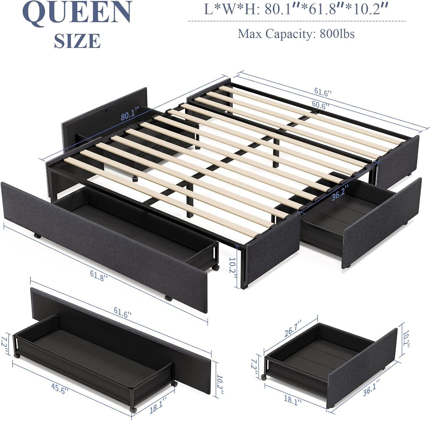 Amolife Base de Cama con Plataforma Tapizada Tamaño Queen con 3 Cajones de Almacenamiento, Gris Oscuro