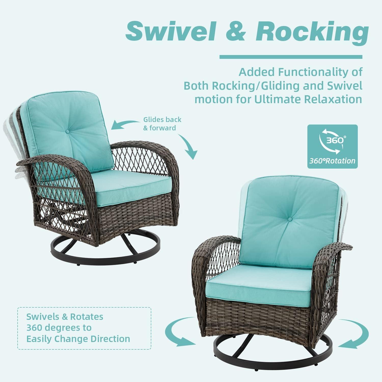 ELPOSUN 3 Pieces Patio Furniture Set, Outdoor Swivel Gliders Rocker, Wicker Patio Bistro Set with Rattan Rocking Chair, Glass Top Side Table and Thickened Cushions for Porch Deck Backyard