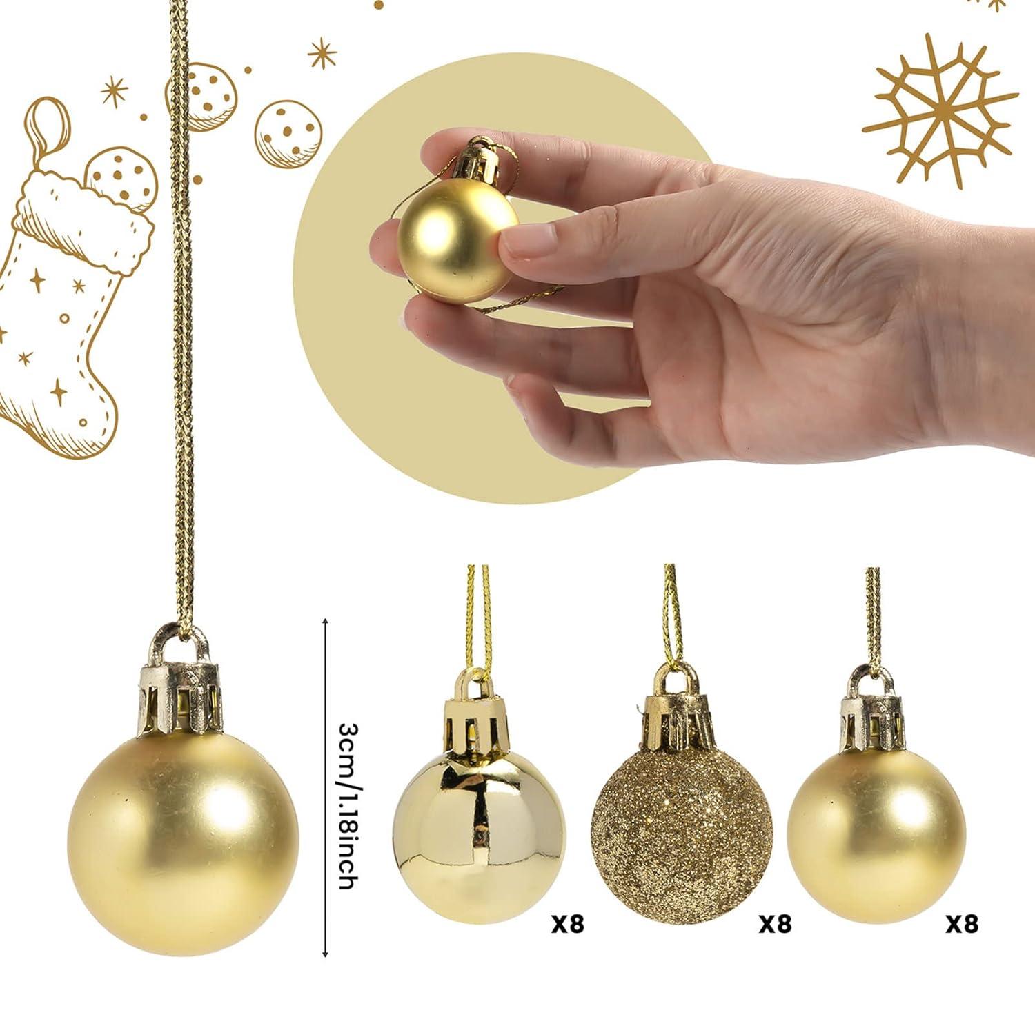 Set of 24 Mini Shatterproof Christmas Balls Tree Ornaments Party Decoration, 3cm/1.1inch gold 3cm