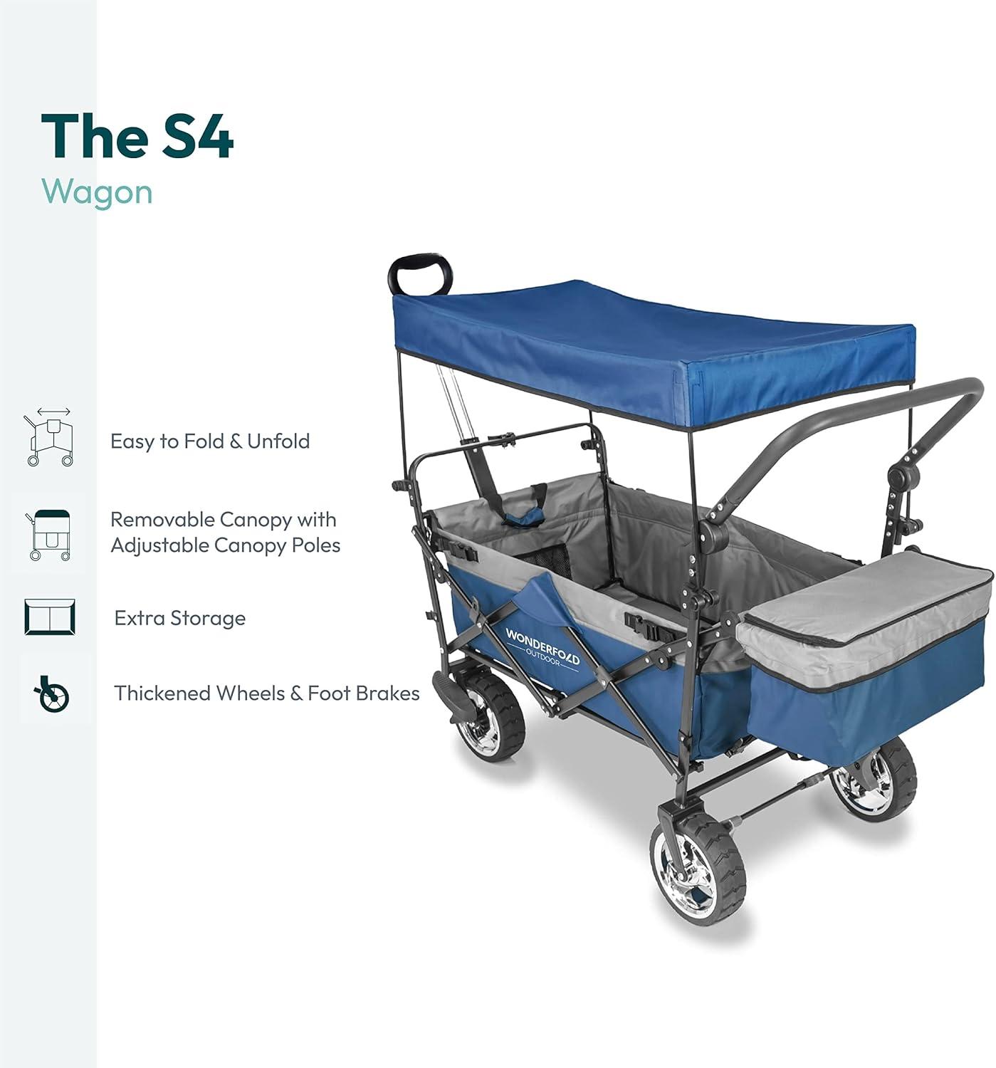 WonderFold Outdoor Wonderfold S4 Push & Pull Folding Wagon With Canopy & Brakes - Black