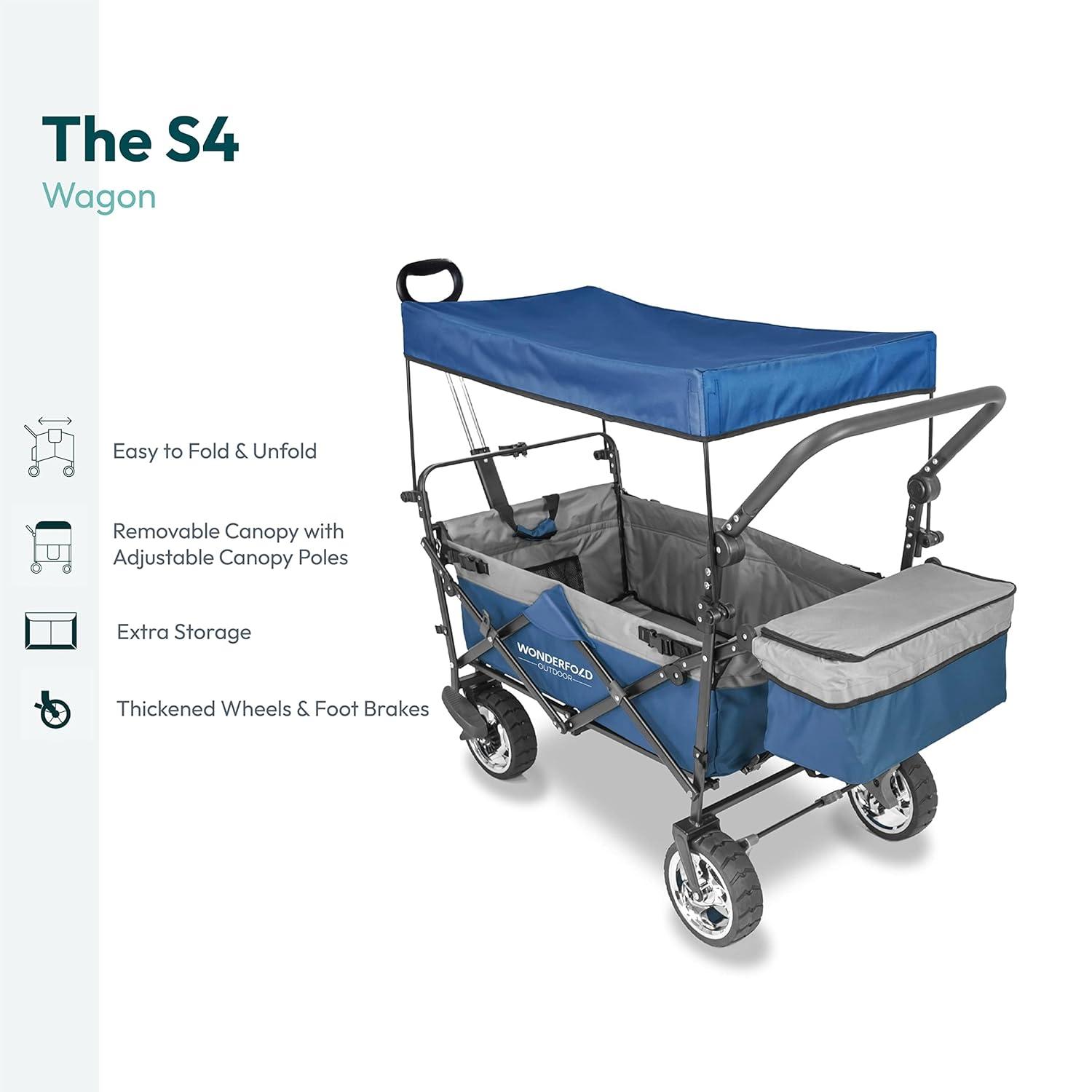 WonderFold Outdoor Wonderfold S4 Push & Pull Folding Wagon With Canopy & Brakes - Black