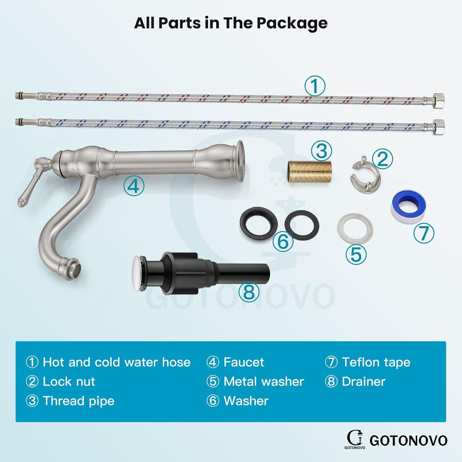 gotonovo Single Handle Vessel Sink Faucet 360° Swivel Bathroom Faucet One Hole Farmhouse Lavatory Vanity Faucet Bowl Sink Mixer Tap Without Pop Up Drain, Brushed Nickel