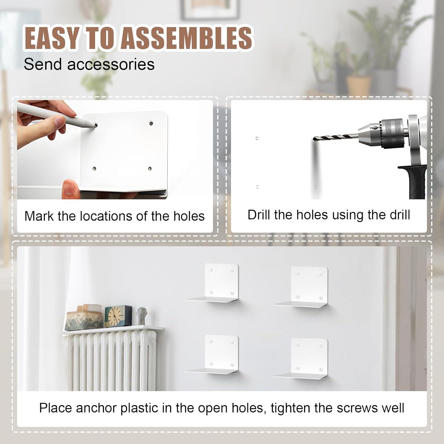 Eapele Invisible Floating Bookshelf, Heavy-Duty Hanging Bookshelves, Steel Constructed Wall Mounted Hidden Bookshelf with Mounting Hardware, 4PCS White