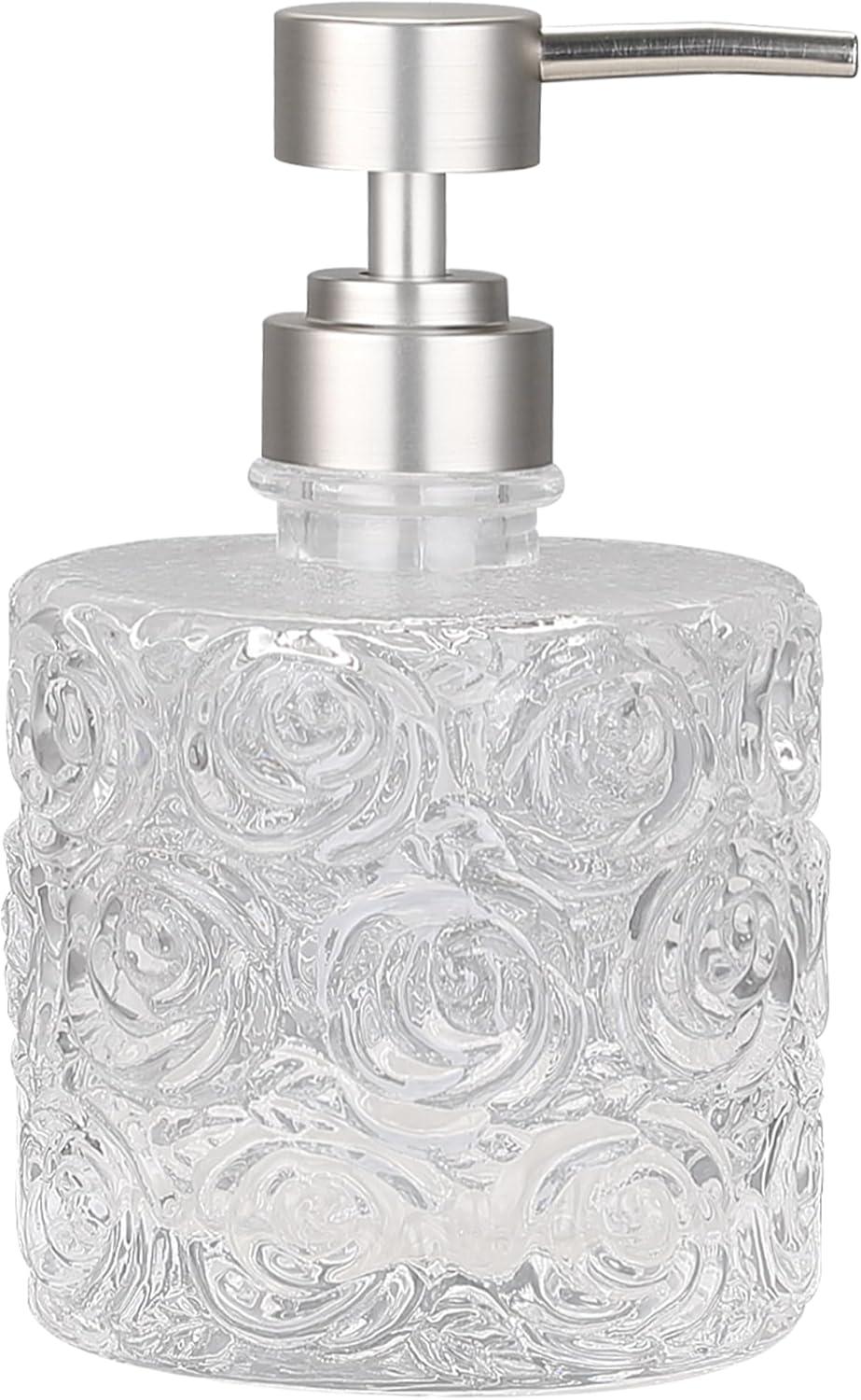 Marcella Glass Soap Dispenser with Soap Pump, Refillable 14 Ounce Capacity, Floral Design Rose Patterns, Heavy Weight Thick Glass for Bathroom, Premium Kitchen Soap Dispenser Peach Blush
