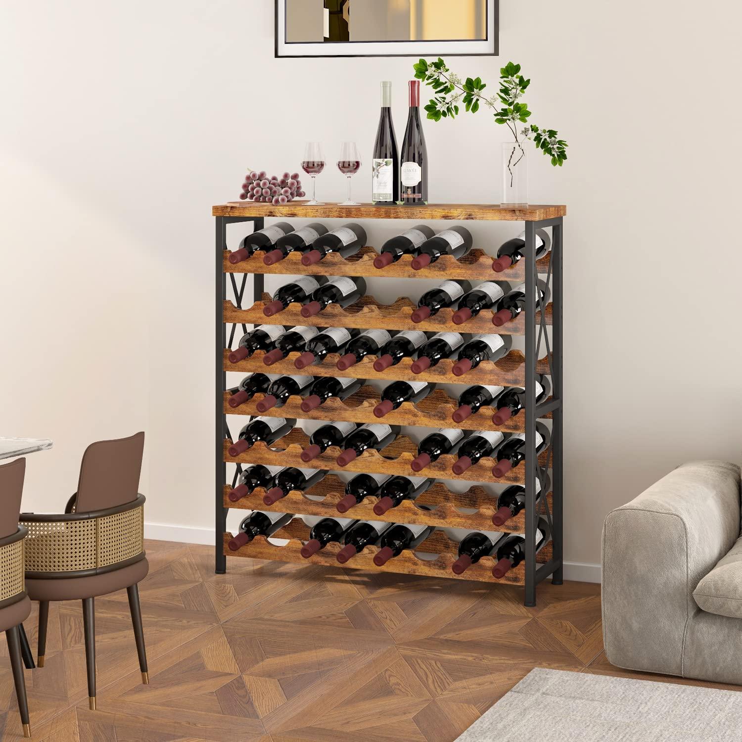 56-Bottle Freestanding Wine Rack, Wooden Wine Rack Storage Shelf, Stackable Wine Bottle Rack with Tabletop for Living Room,Kitchen or Wine Cellar