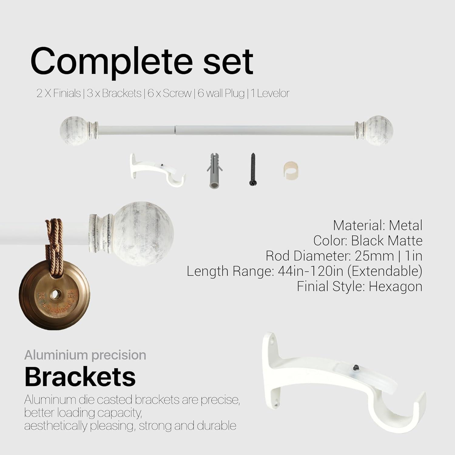 Deco Window Adjustable Curtain Rod for Windows 44 to 120 In Extendable Heavy Duty Iron Drapery Pole with Finials