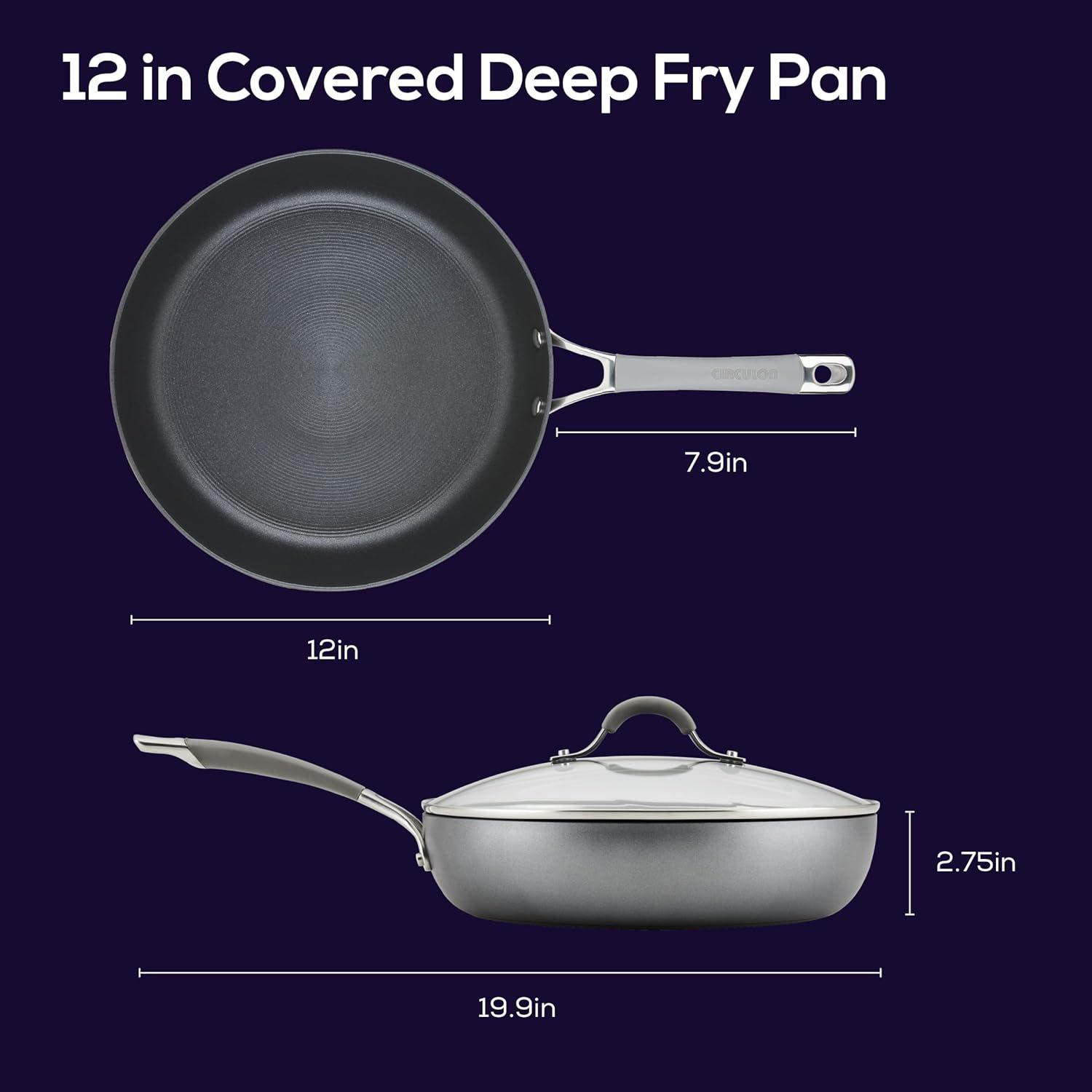 Gray Aluminum Nonstick Deep Frying Pan with Lid, 12 Inch