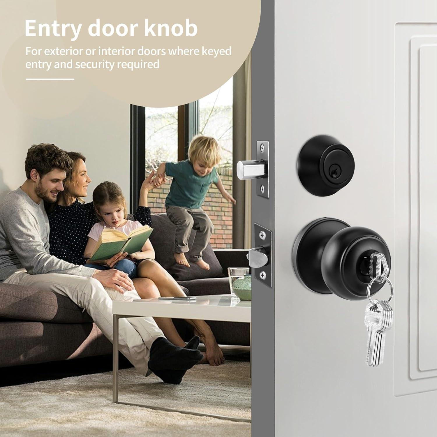 3 Pack Keyed Alike Entry Door Knobs and Single Cylinder Deadbolt Lock Combo Set Security for Entrance and Front Door with Classic Matte Black Finish