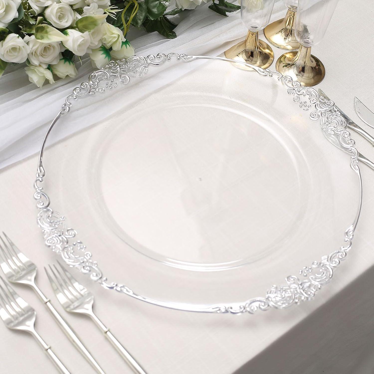 Efavormart 6 Pack Clear Silver 13" Round Baroque Charger Plates Leaf Embossed Rim for Tabletop Decor Catering Event Decoration