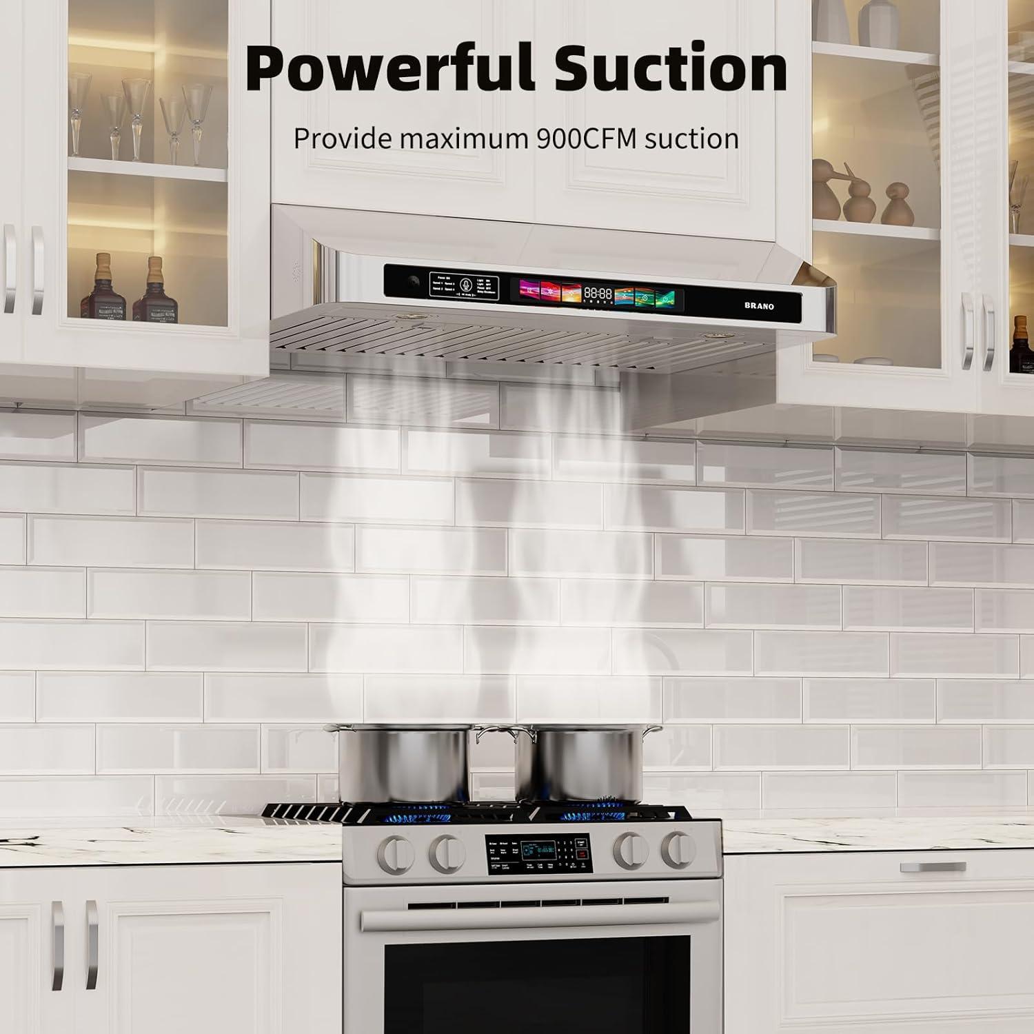 Brano 30 inch 900 CFM Ducted Under Cabinet Range Hood in Stainless Steel, Voice/Gesture/Touch Control