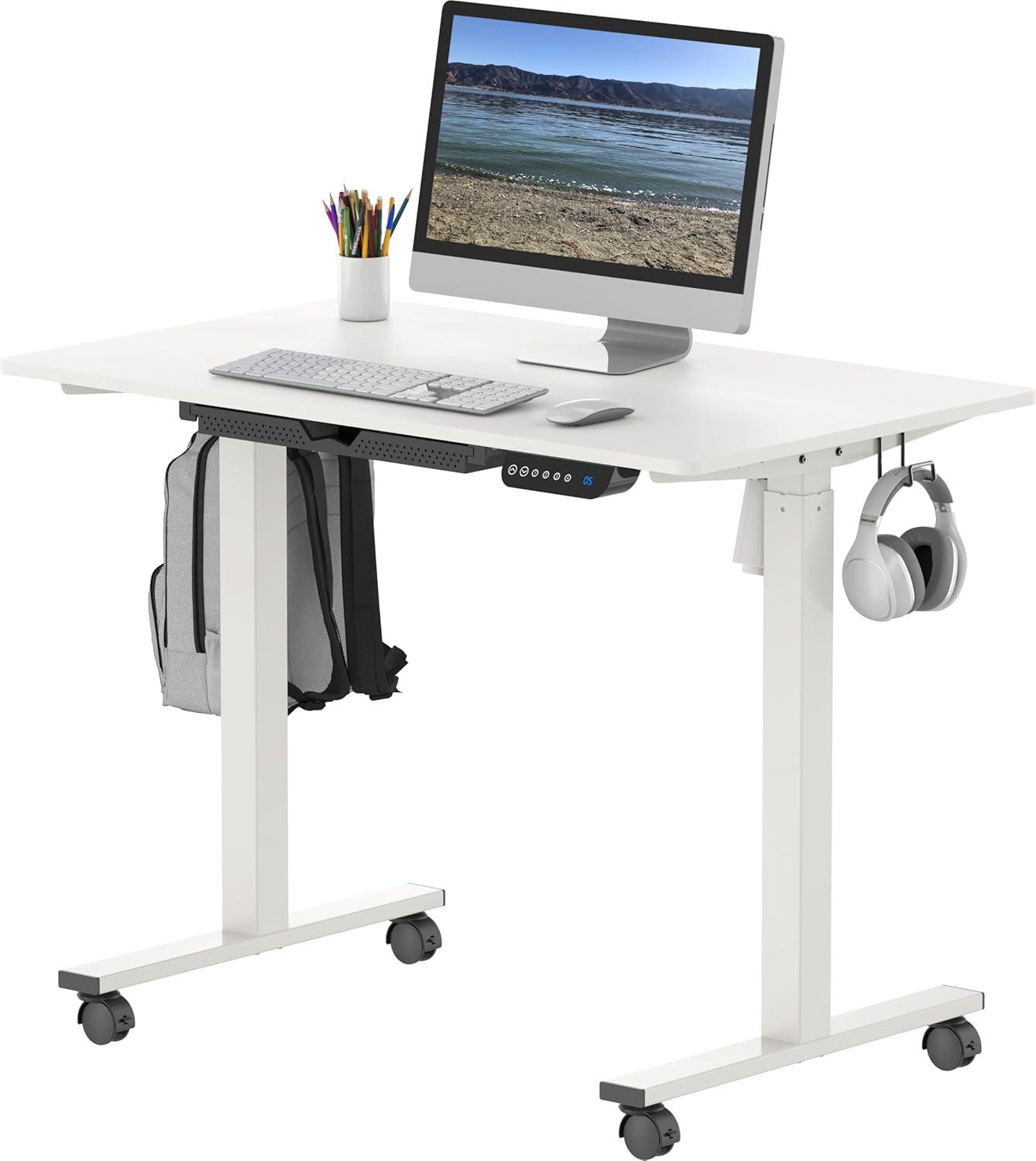 White Adjustable Height Standing Desk with Drawer and Wheels