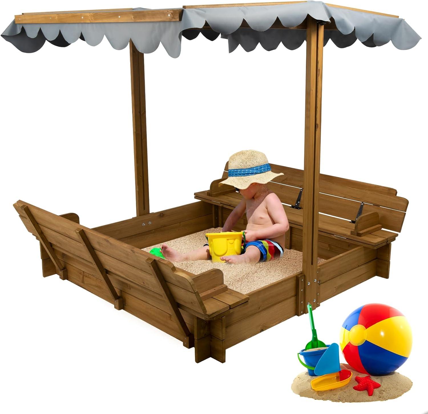 PETSCOSSET Wooden Sandbox with Lid, Outdoor Sandbox with Cover