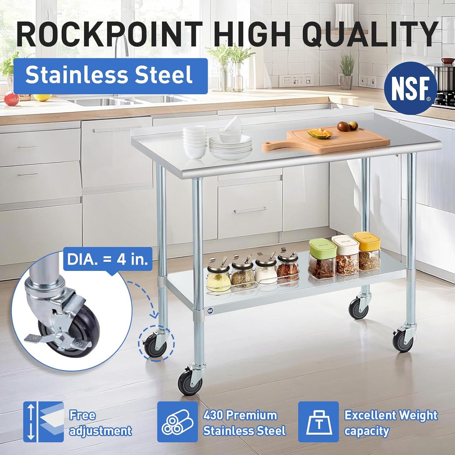 AmGood 60" Long x 24" Deep Stainless Steel Work Table With Open Base and Wheels | Mobile Metal Table