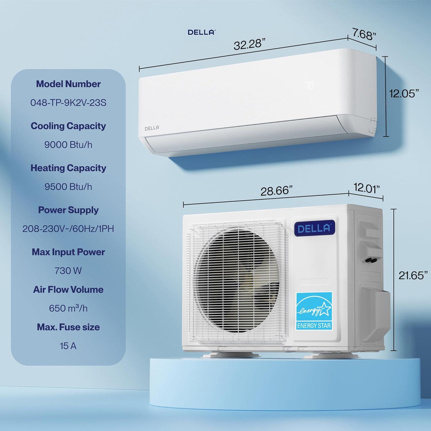 DELLA Optima Series 9000 BTU Wifi Mini Split, Work w/ Alexa,Energy Star 208/230V 23.5 SEER2 Cools Up to 400 Sq.Ft Inverter Air Conditioner w/0.75 Ton Pre-Charged Heat Pump & 16.4ft Installation Kits