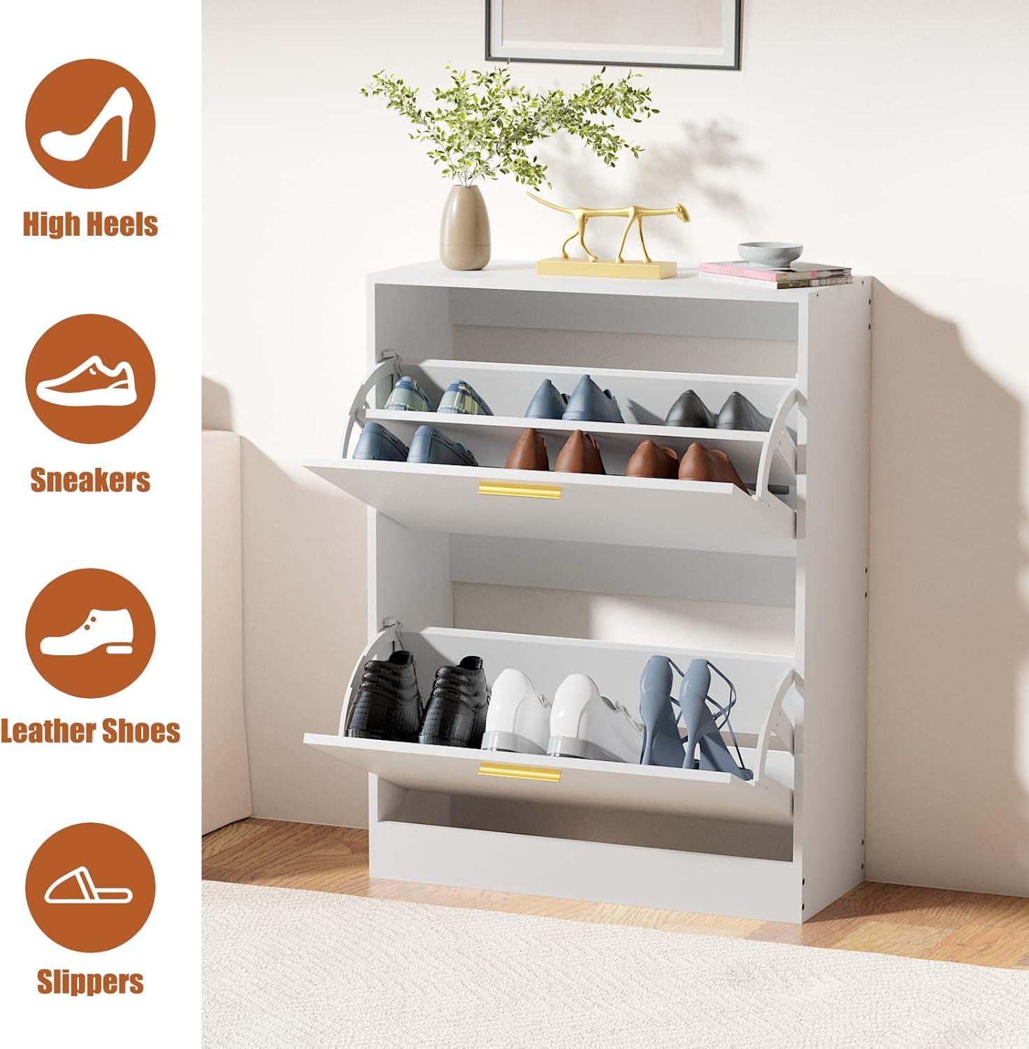 Shoe Cabinet Storage for Entryway  Freestanding Slim Shoe Organizer Cabinet with 2 Flip Drawers  Narrow Shoe Rack with Open Shelves for Hallway  Living Room  White