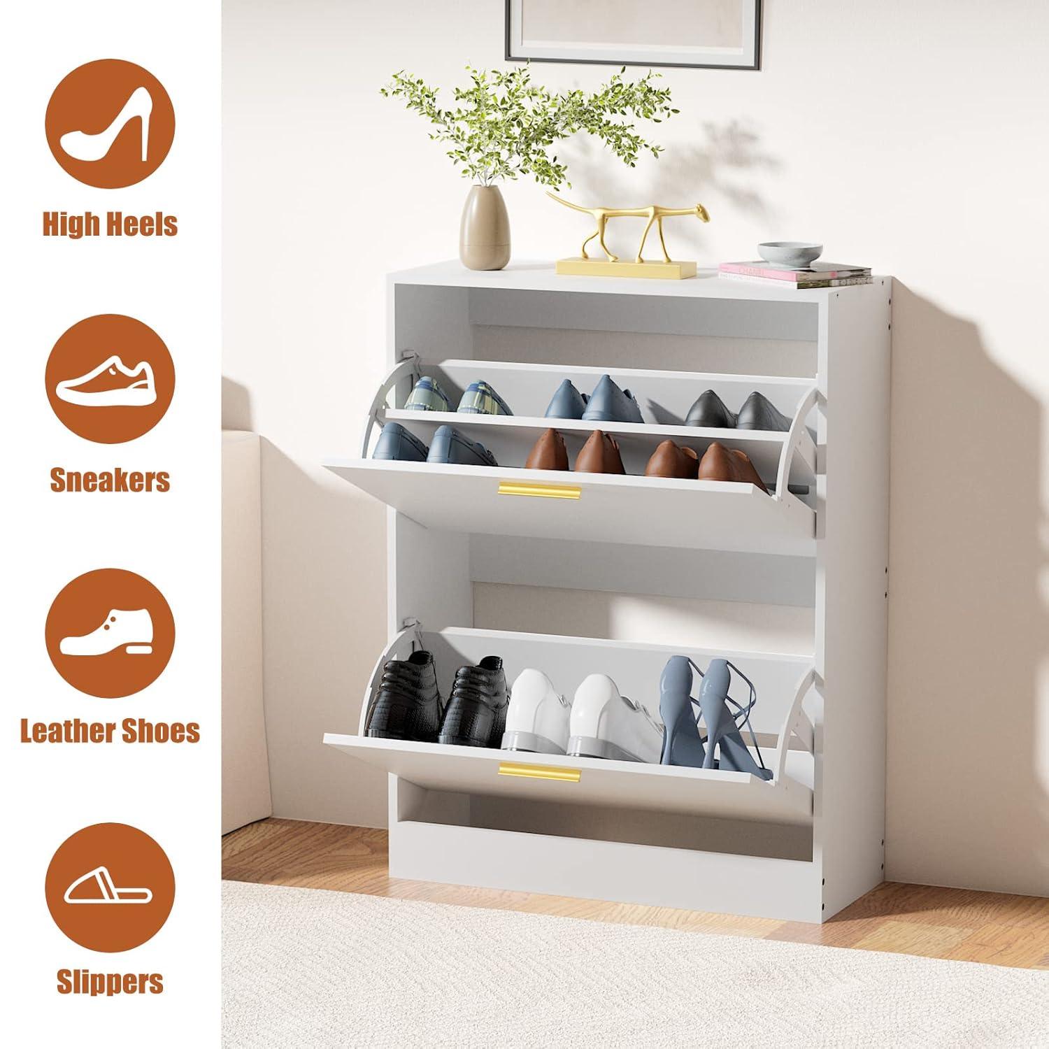 Shoe Cabinet Storage for Entryway  Freestanding Slim Shoe Organizer Cabinet with 2 Flip Drawers  Narrow Shoe Rack with Open Shelves for Hallway  Living Room  White