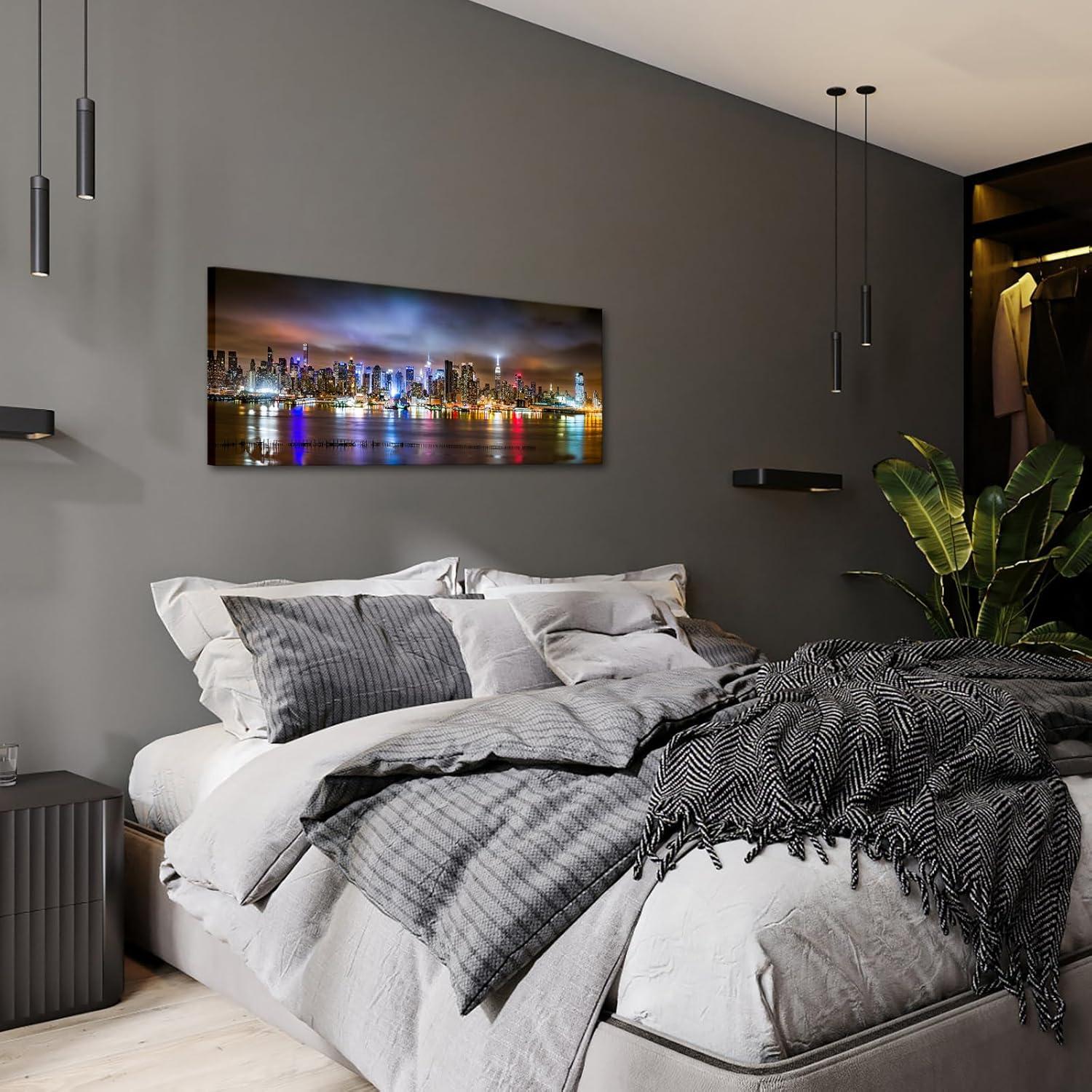 sechars - New York City Wall Art Manhattan Skyline Panorama on Cloudy Night Picture Giclee Art Print Modern Home Office Wall Decoration