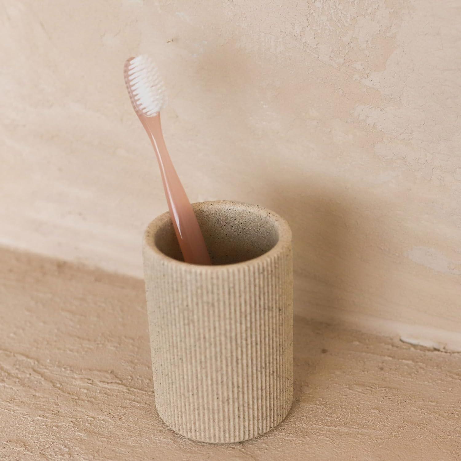 Small Sand Beige Boho Toothbrush Holder for Bathroom, Neutral Farmhouse Style, Unbreakable Small Bathroom Cup C45