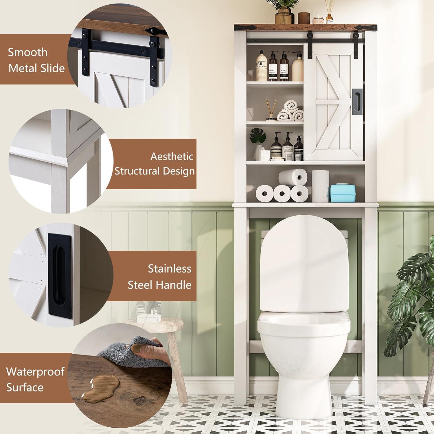 Farmhouse Over Toilet Cabinet, 68" Tall Toilet Organizer Stand with Sliding Barn Door & Adjustable Shelf, Above Toilet Storage for Bathroom, Laundry Room, Rustic Oak & White