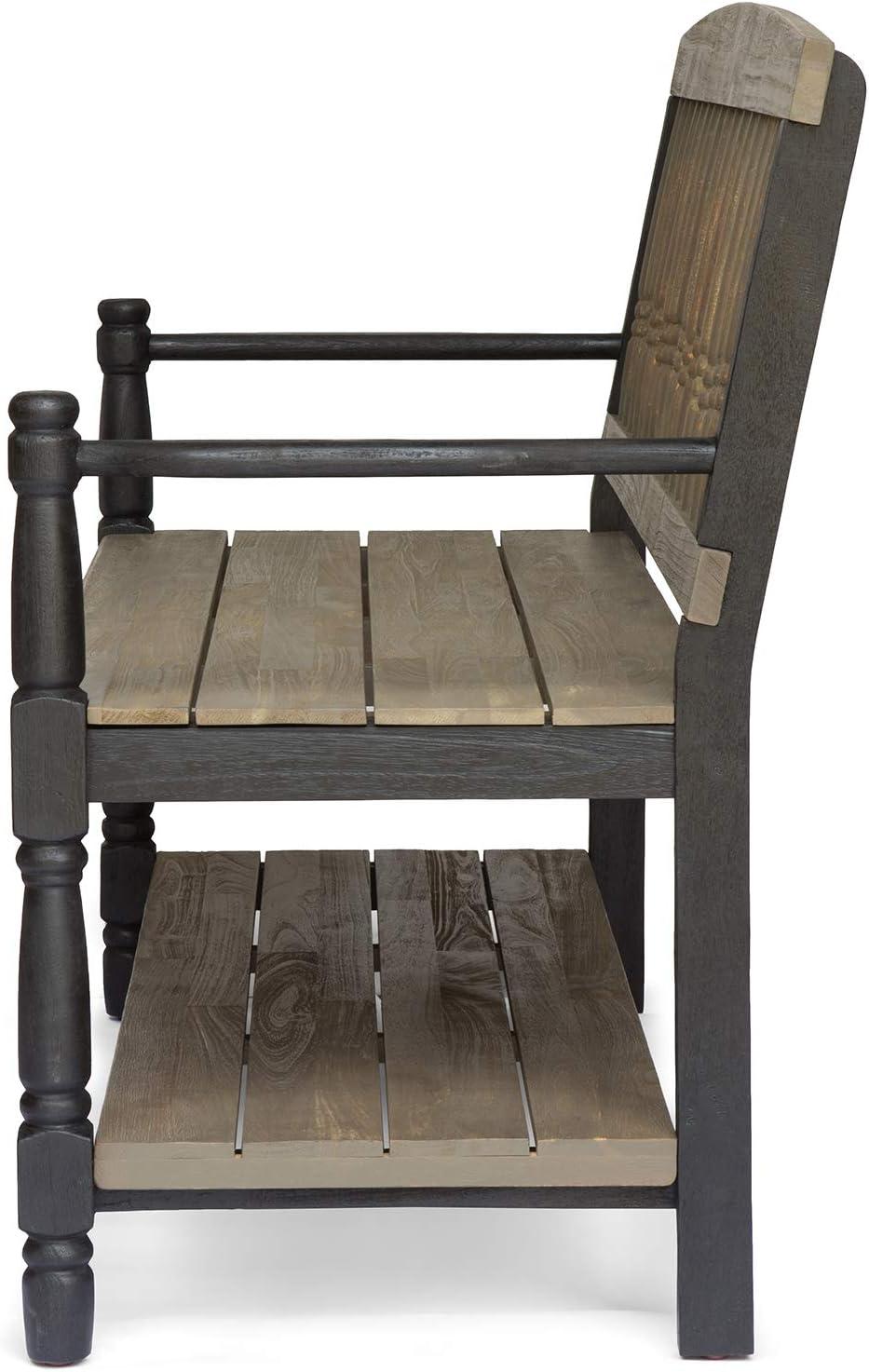 Eddie Rustic Gray Acacia Wood Bench with Spindle Backrest and Shelf