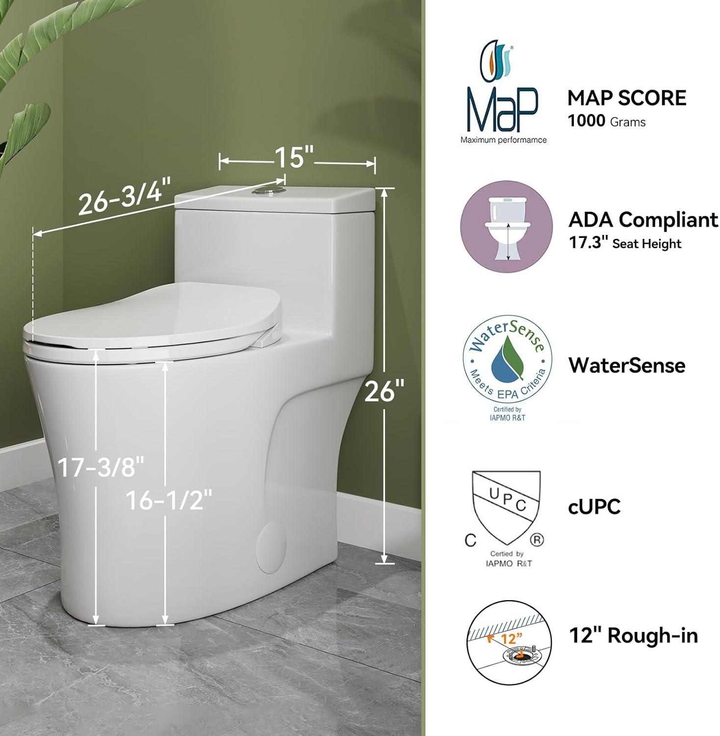 One Piece Toilet with Non-Electric Bidet Toilet Seat, Elongated ADA Chair Height Toilets with Adjustable Nozzles Seat, Powerful Dual Flush & Soft Closing Seat Include, MAP 1000g