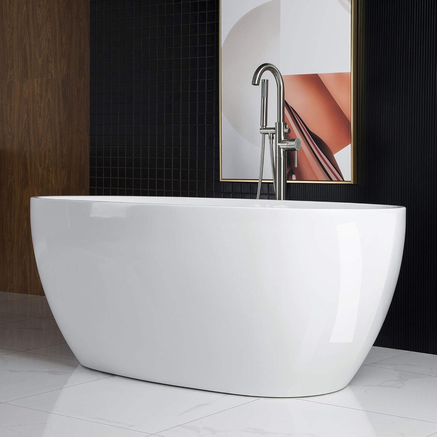 White Oval Acrylic Freestanding Bathtub with Brushed Nickel Overflow