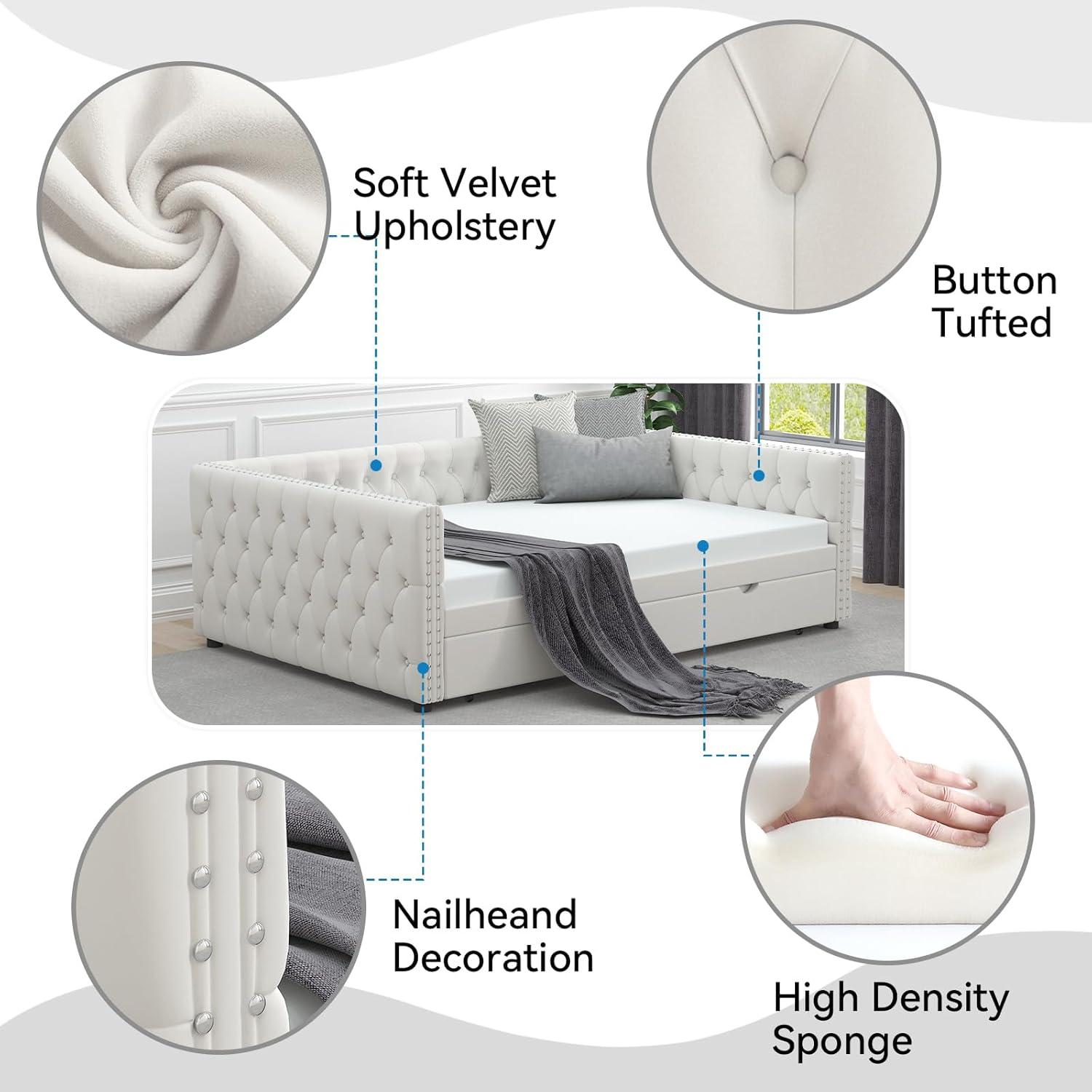 KNeretva Velvet Full Daybed with Twin Trundle, Modern Upholstered Full Size Day Bed Button-Tufted Sofa Daybed Frame (Black)
